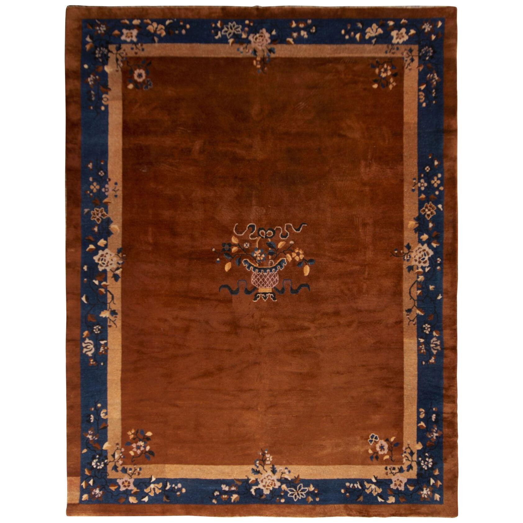 Hand-knotted Antique Peking Rug Brown Blue Open Field Floral Art Deco Design