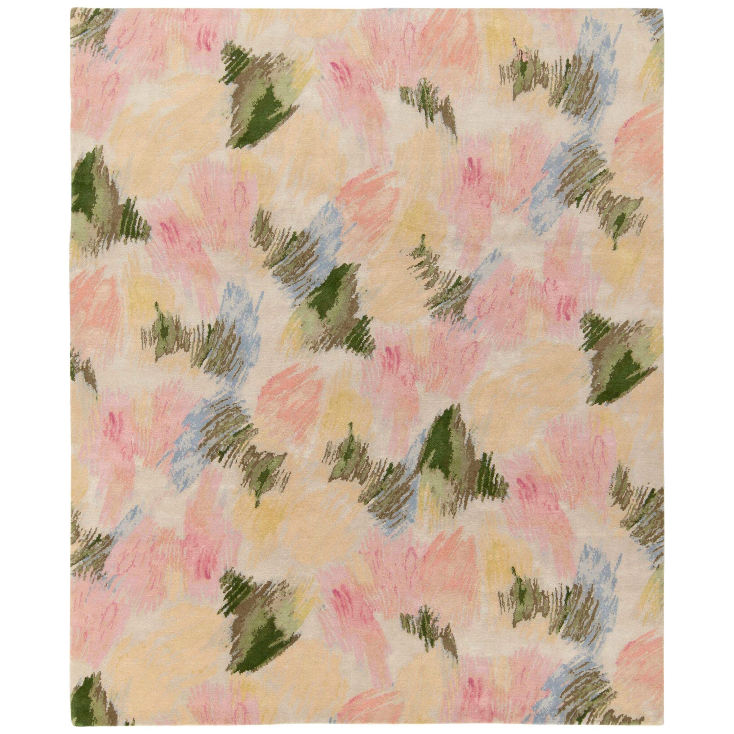 Hand-Knotted Abstract Rug in Pink, Green Multicolor Pattern by Rug & Kilim