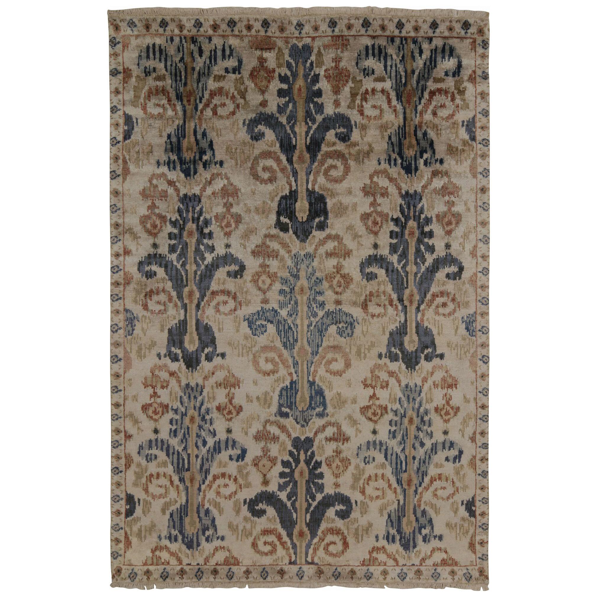 Rug & Kilim’s Ikats Style Rug in Blue and Beige-Brown on Ivory
