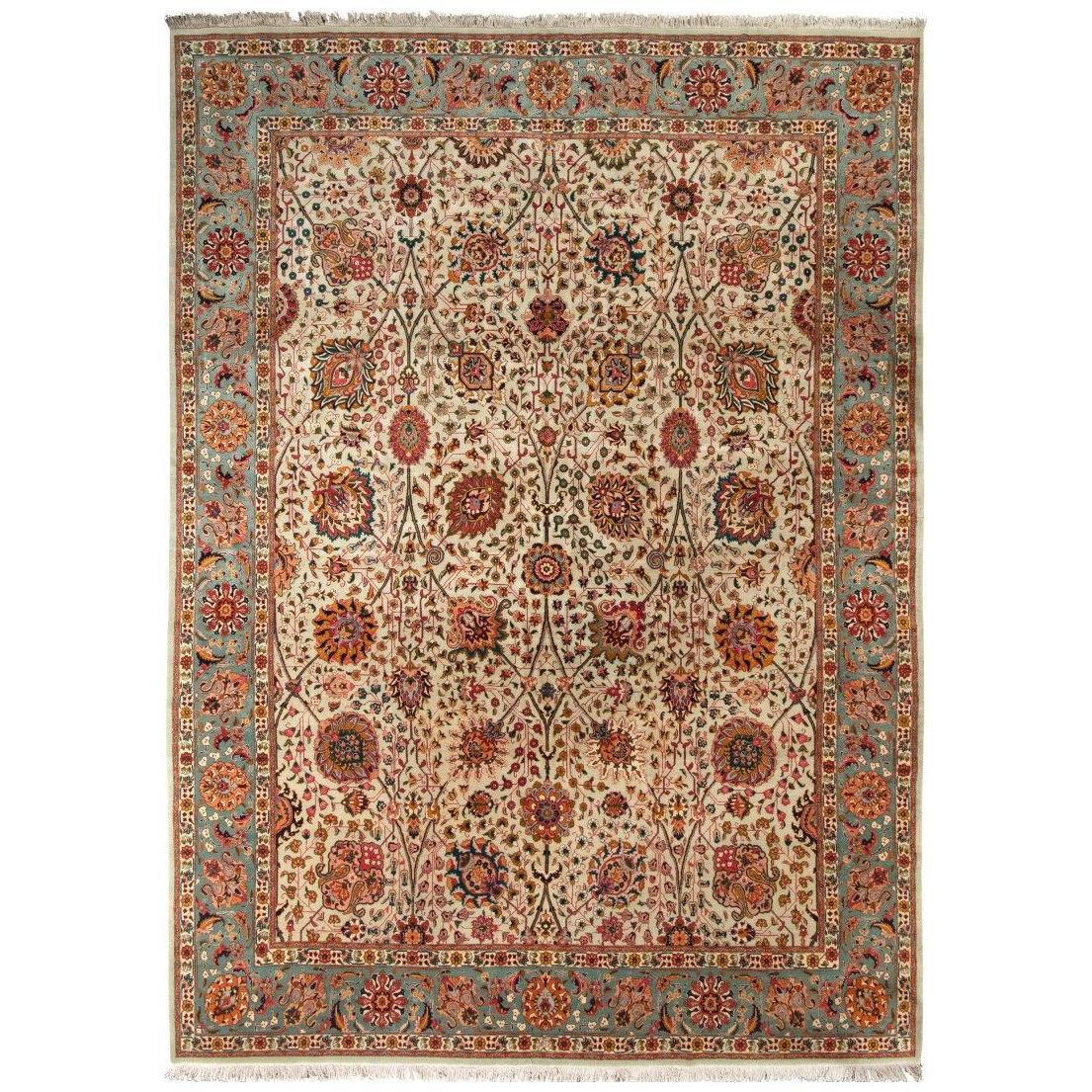 Hand-Knotted Vintage Tabriz Persian Rug In Green And Beige-Brown Floral Pattern