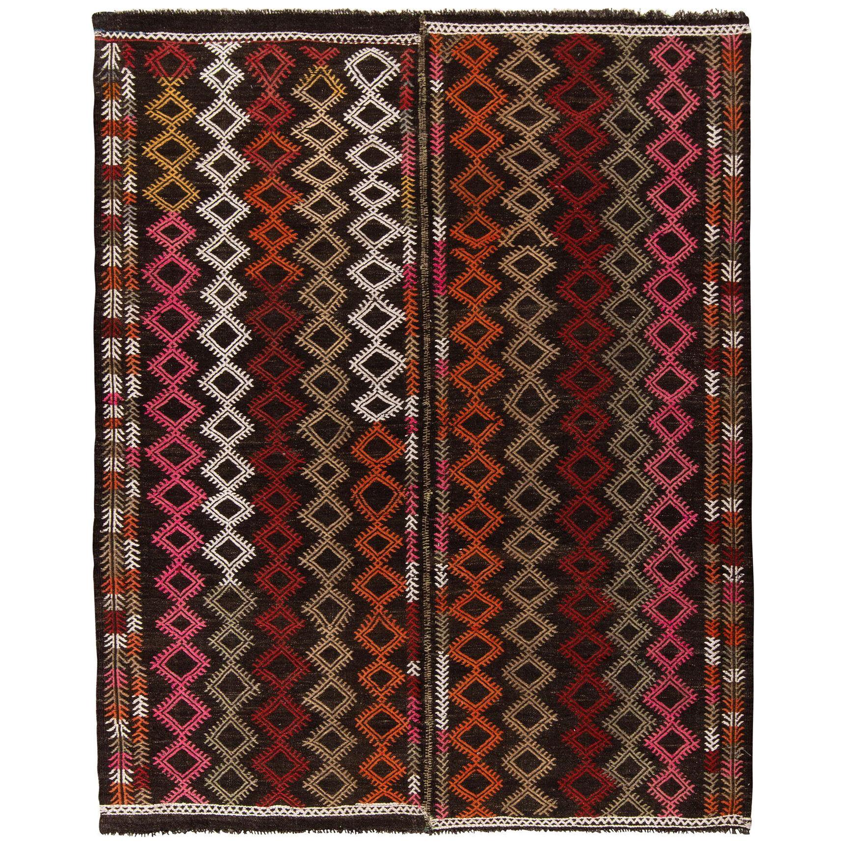 Handwoven Vintage Turkish Kilim in Multicolor Embroidery Geometric Pattern