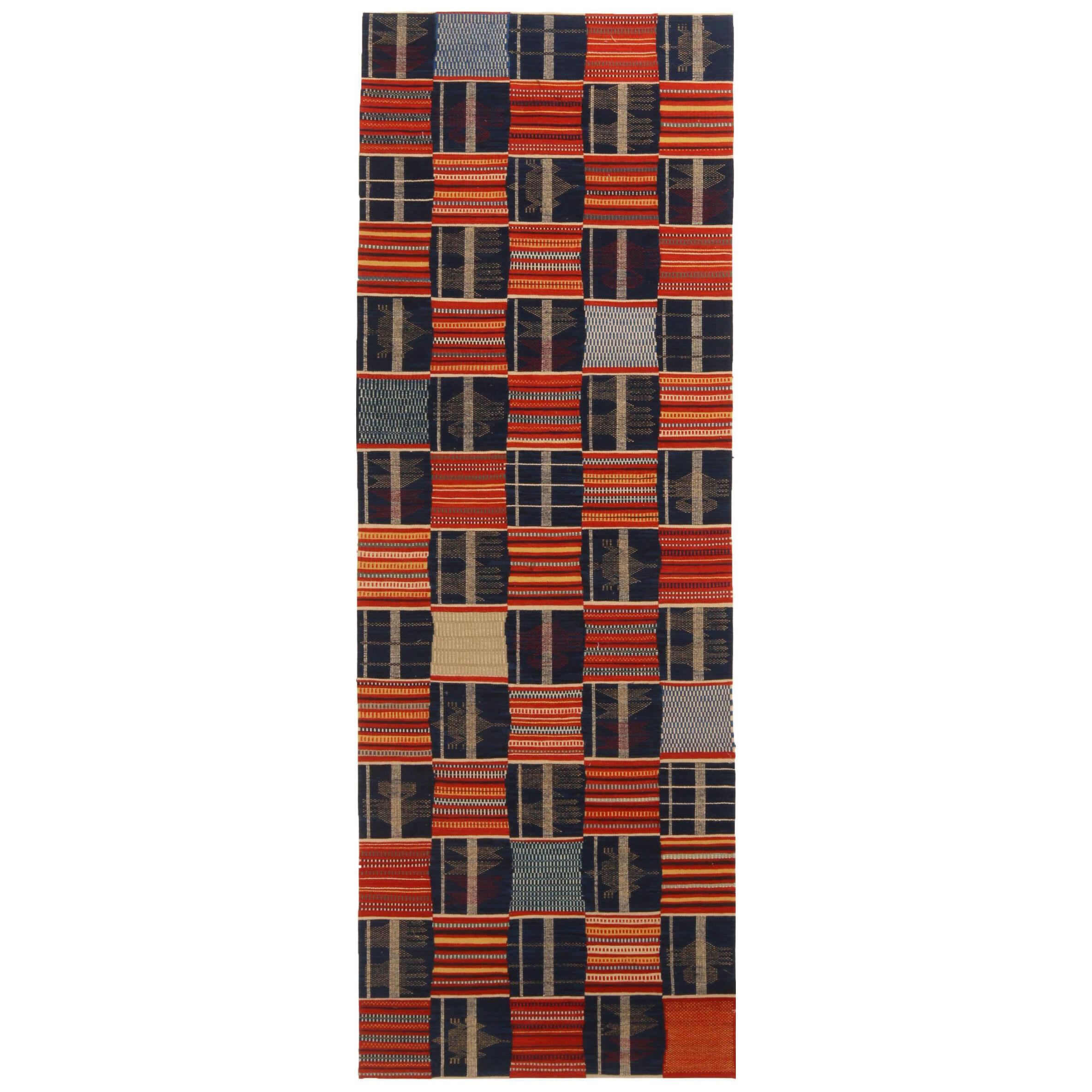 Rug & Kilim’s Modern Geometric Red and Blue Wool Custom Runner – “Ghana”