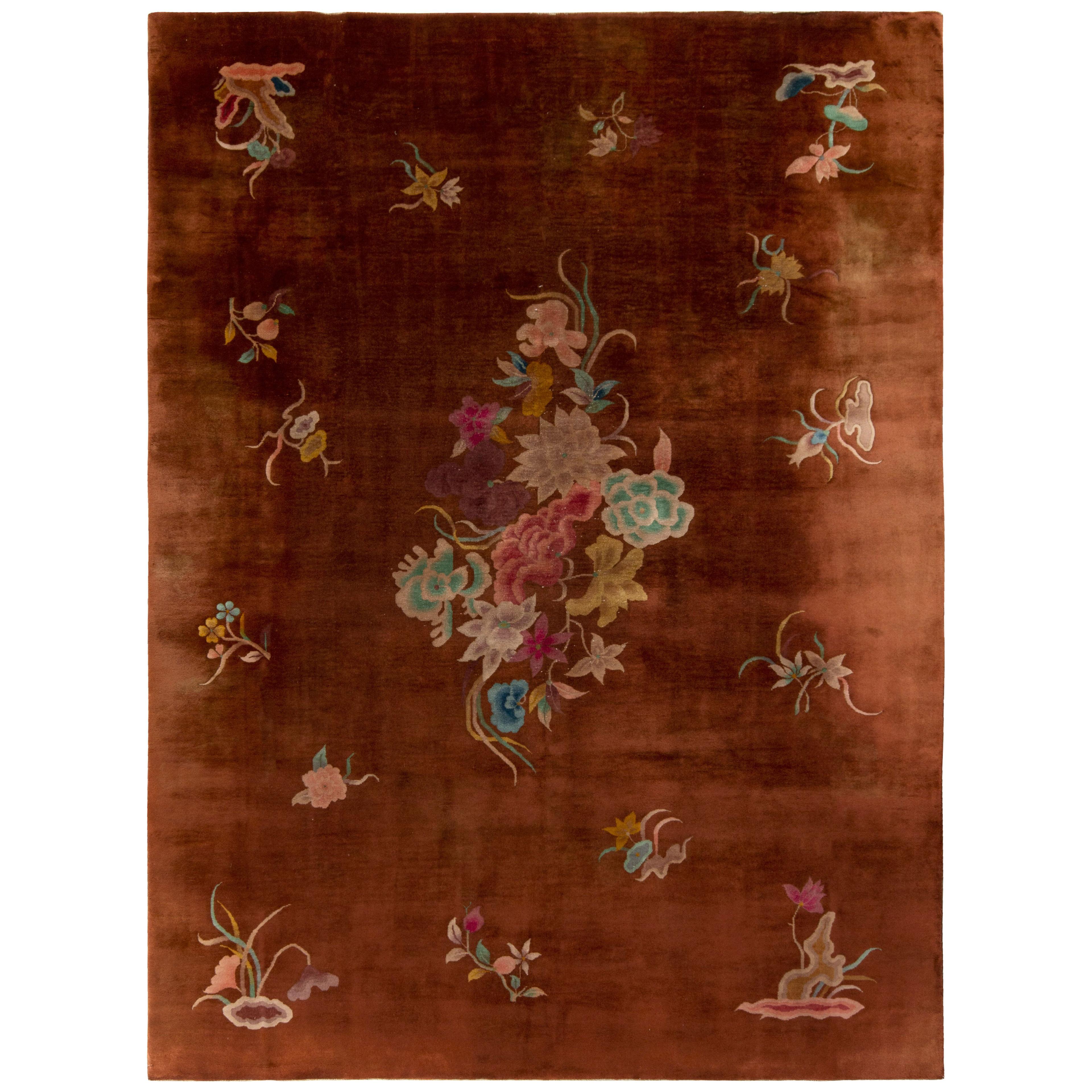 Hand-Knotted Vintage Chinese Art Deco Rug, Brown, Medallion Floral Pattern