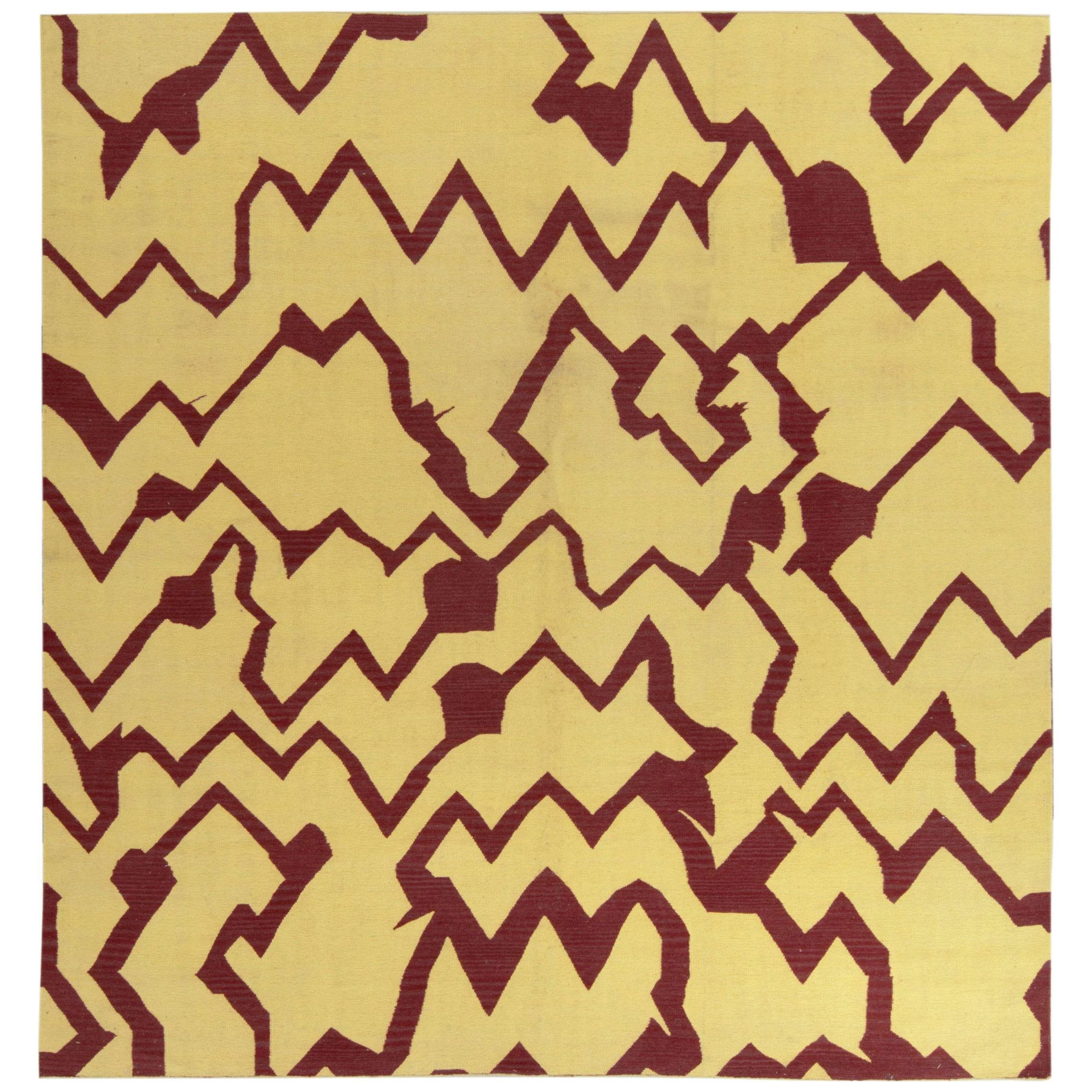 Contemporary Dhurrie Flatweave, Yellow, Maroon Geometric Pattern by Rug & Kilim