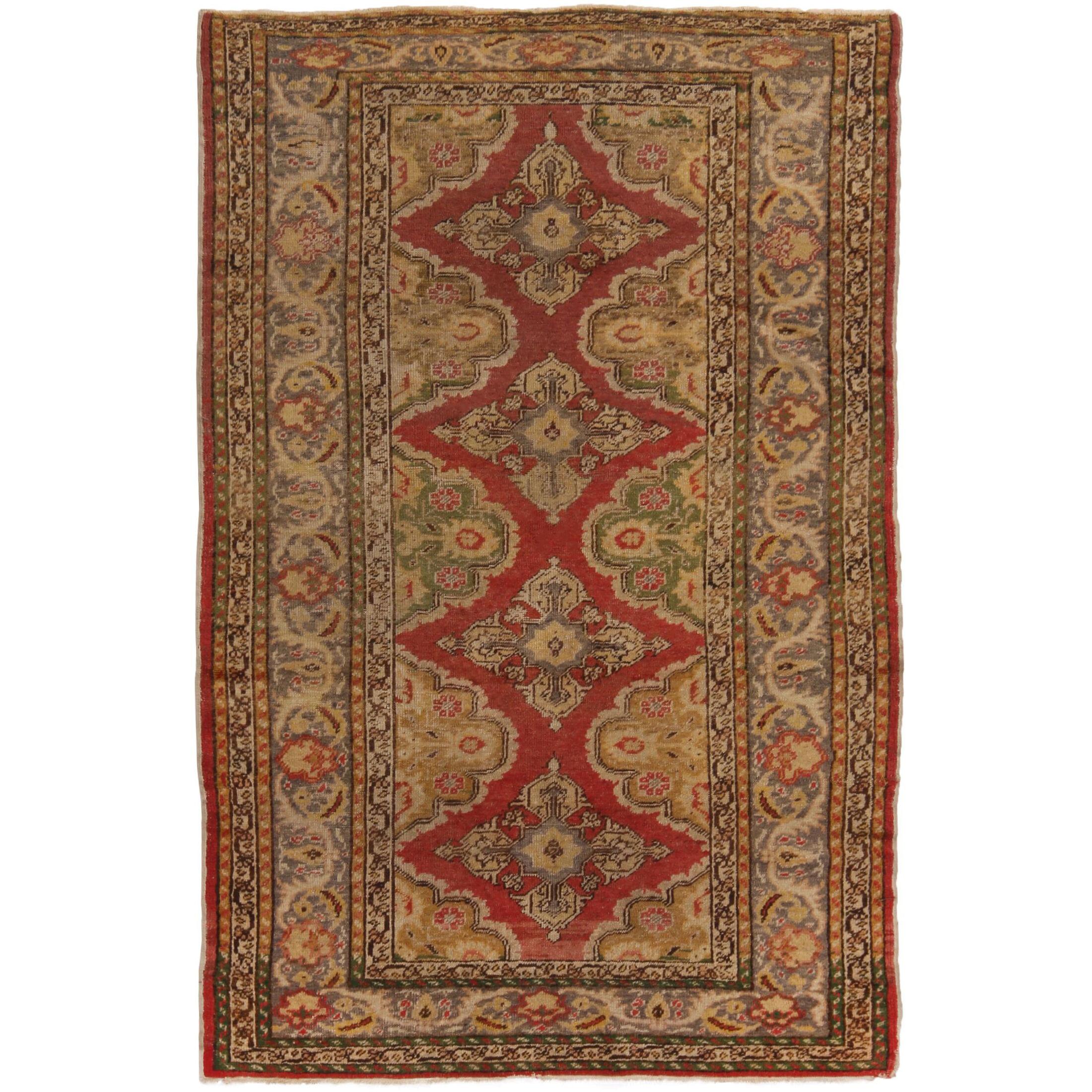 Antique Kayseri Traditional Geometric Red and Gold Wool Rug