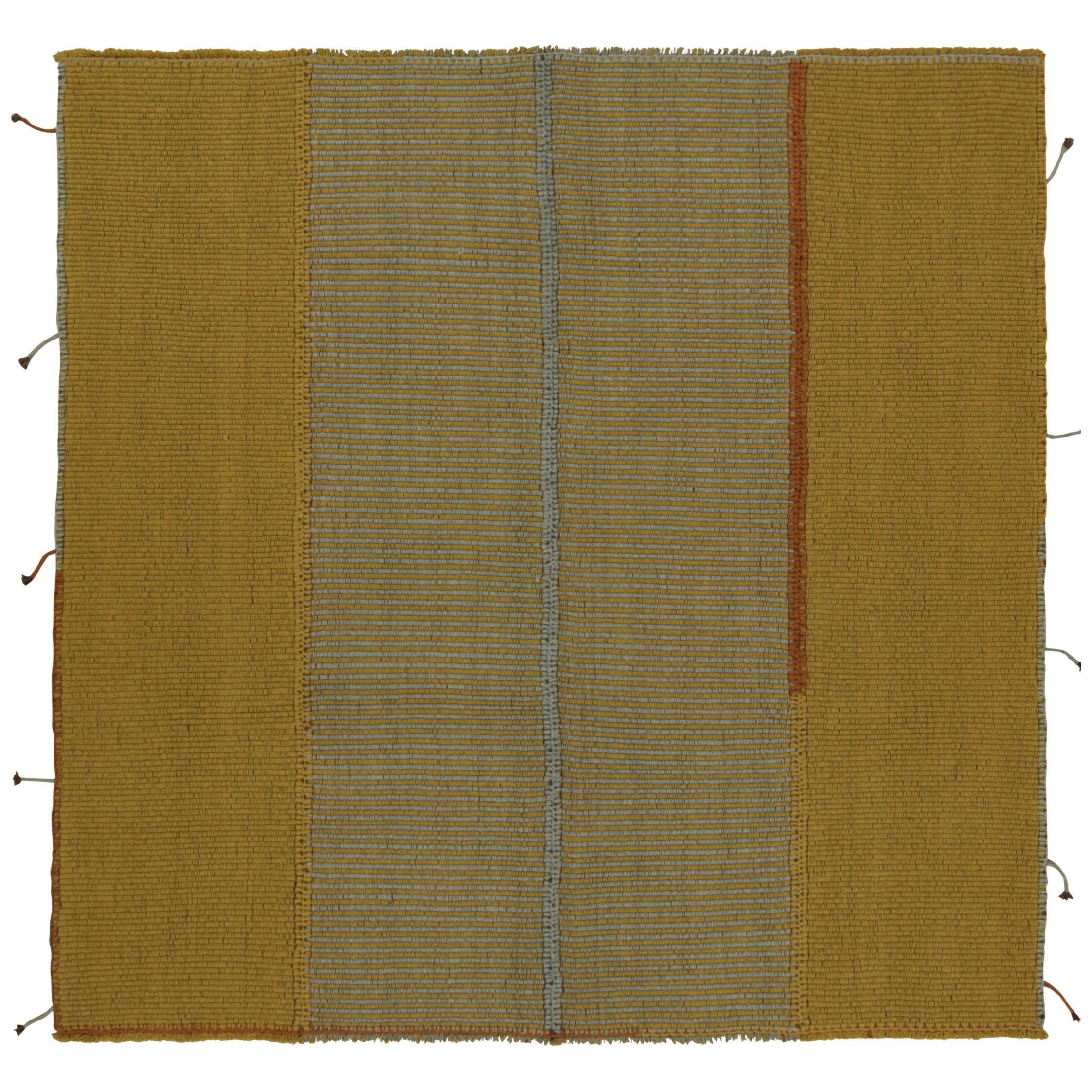 Rug & Kilim’s Contemporary Square Kilim in Ochre, Blue Stripes and Brown Accents
