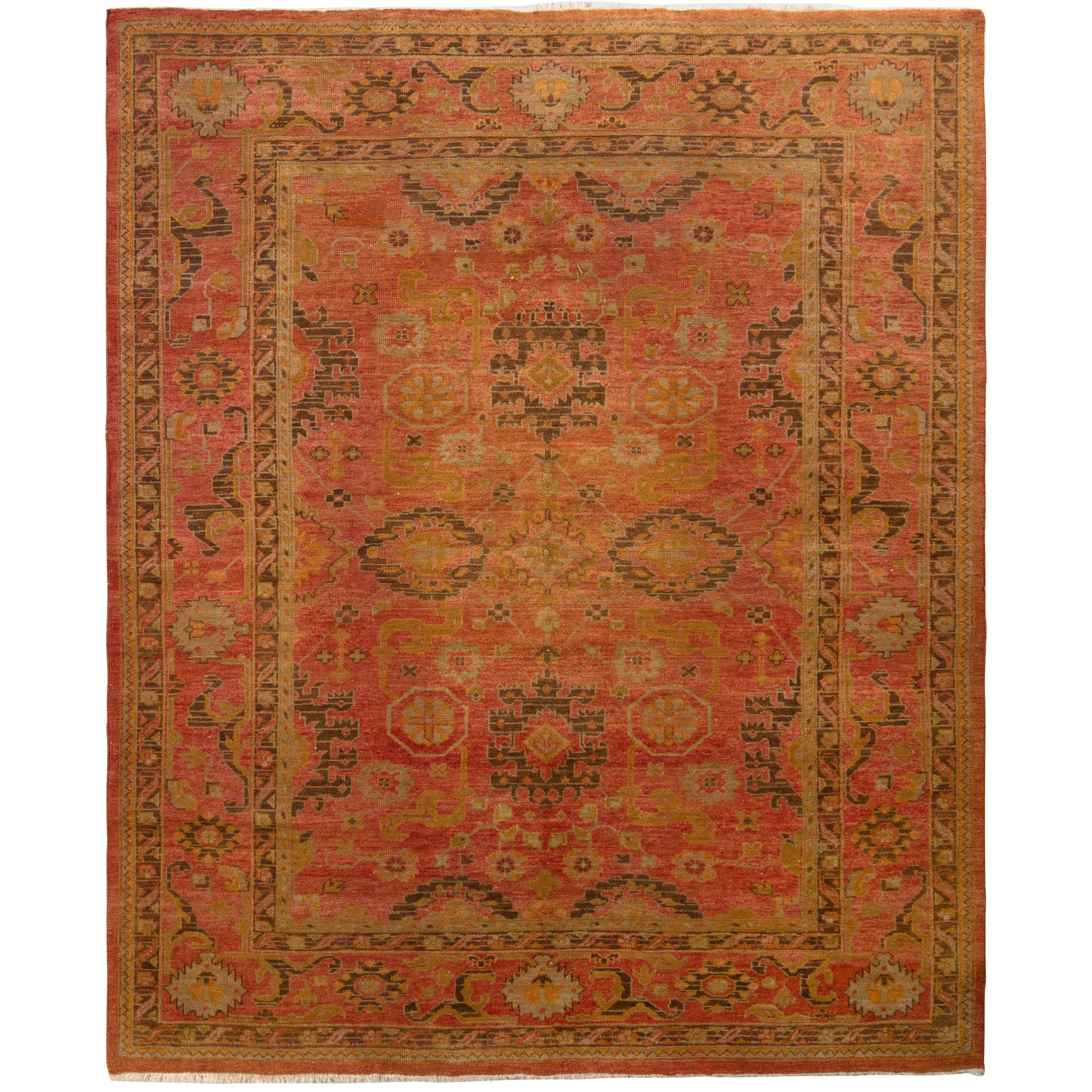 Hand Knotted Vintage Oushak Rug in Red and Brown Geometric Pattern