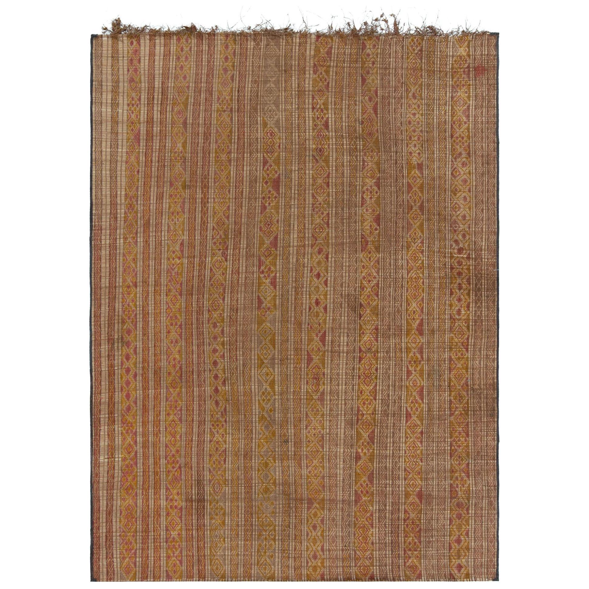 Vintage Moroccan Tuareg Mat in Beige-Brown, Pink and Yellow Tribal Pattern