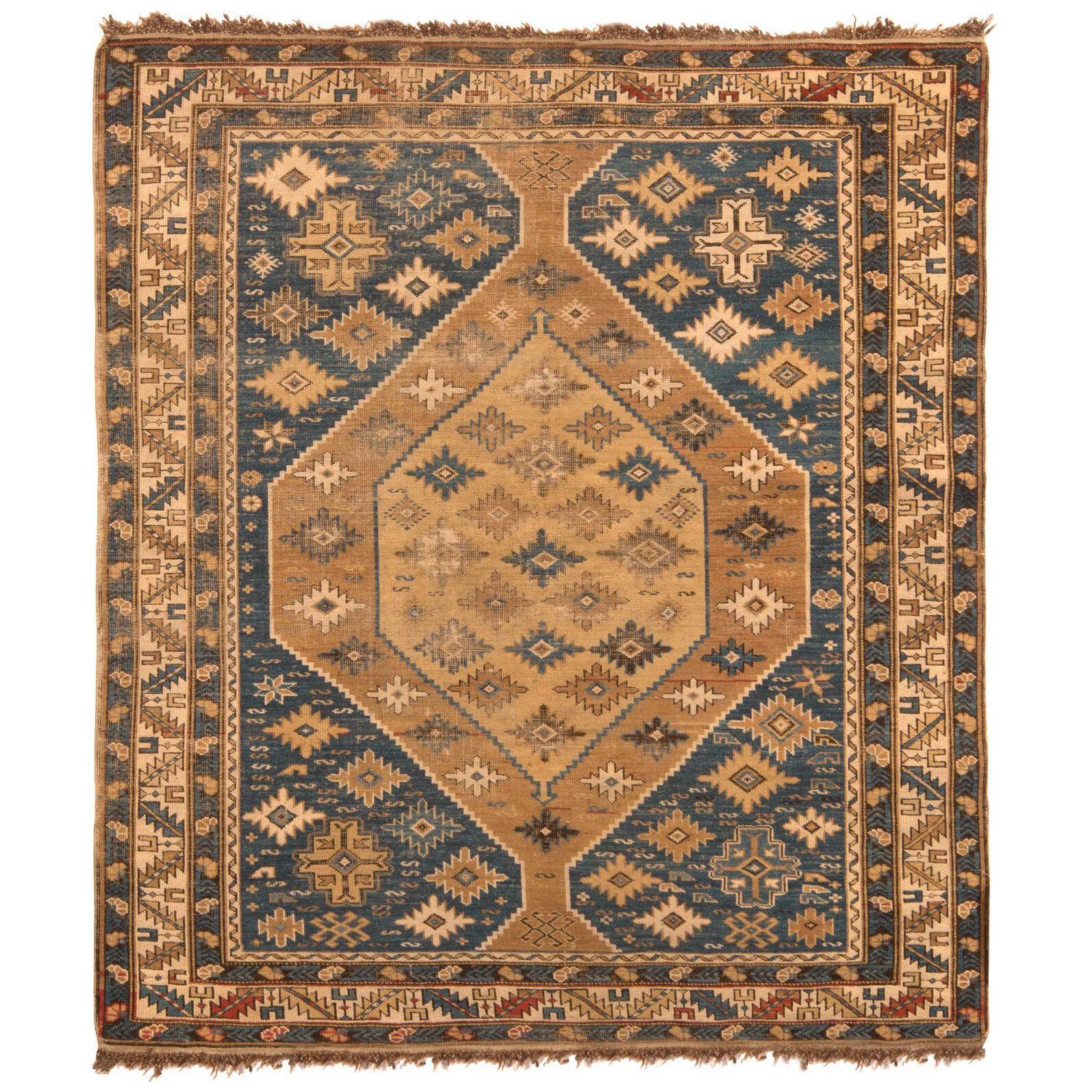 Antique Kuba Geometric Beige-brown and Blue Wool Russian Rug
