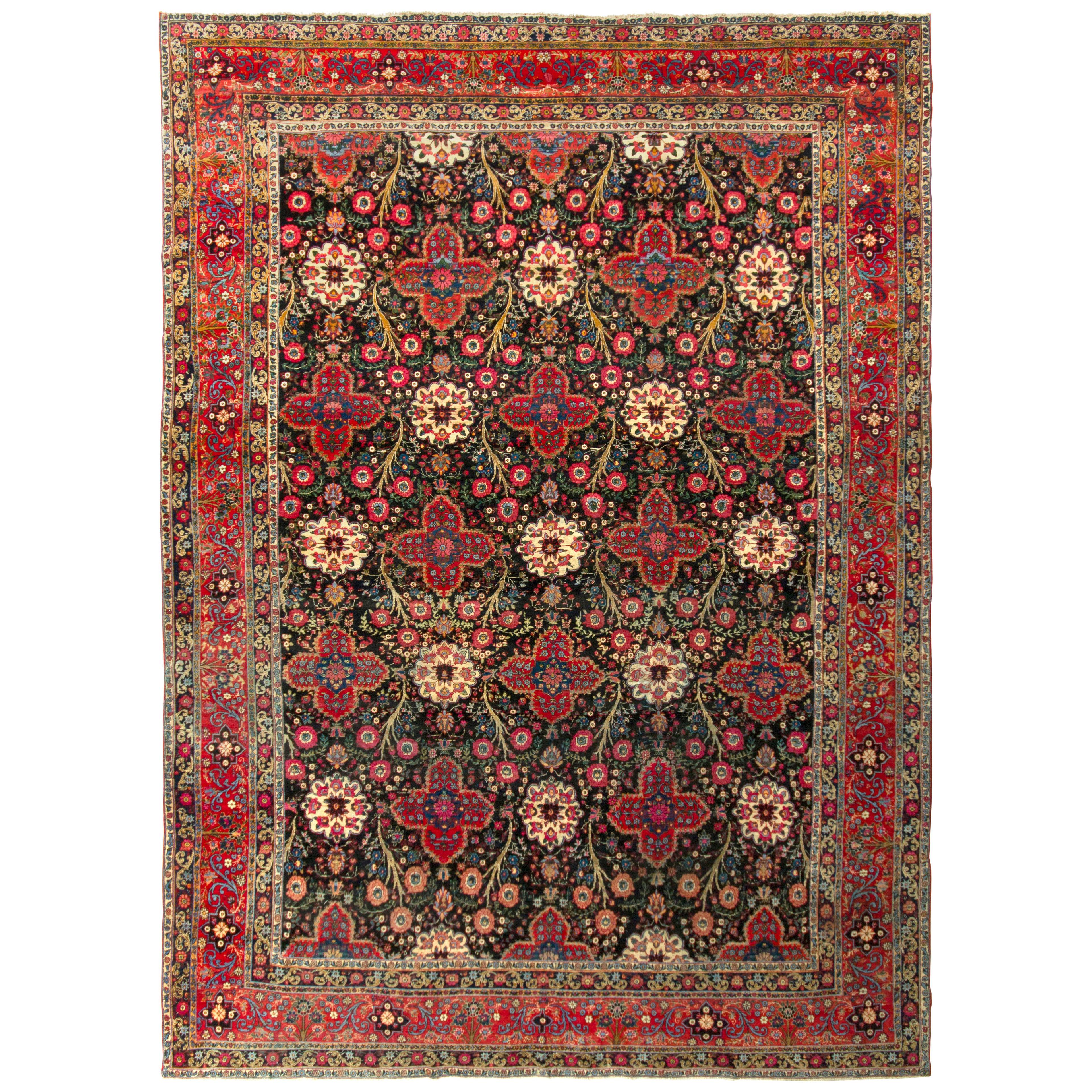 Hand-Knotted Persian Tehran-Design Rug With Floral Design in Red and Green