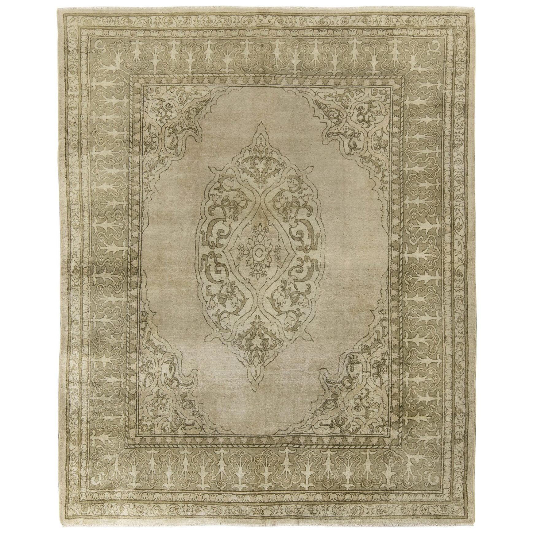 Hand-knotted Antique Indian Amritsar Rug in Green, Gray, Beige Medallion Pattern