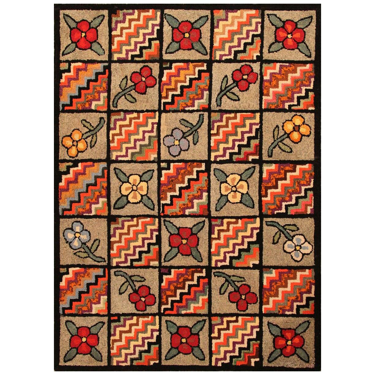 Antique Hand-hooked Green and Red Geometric Floral Wool Rug