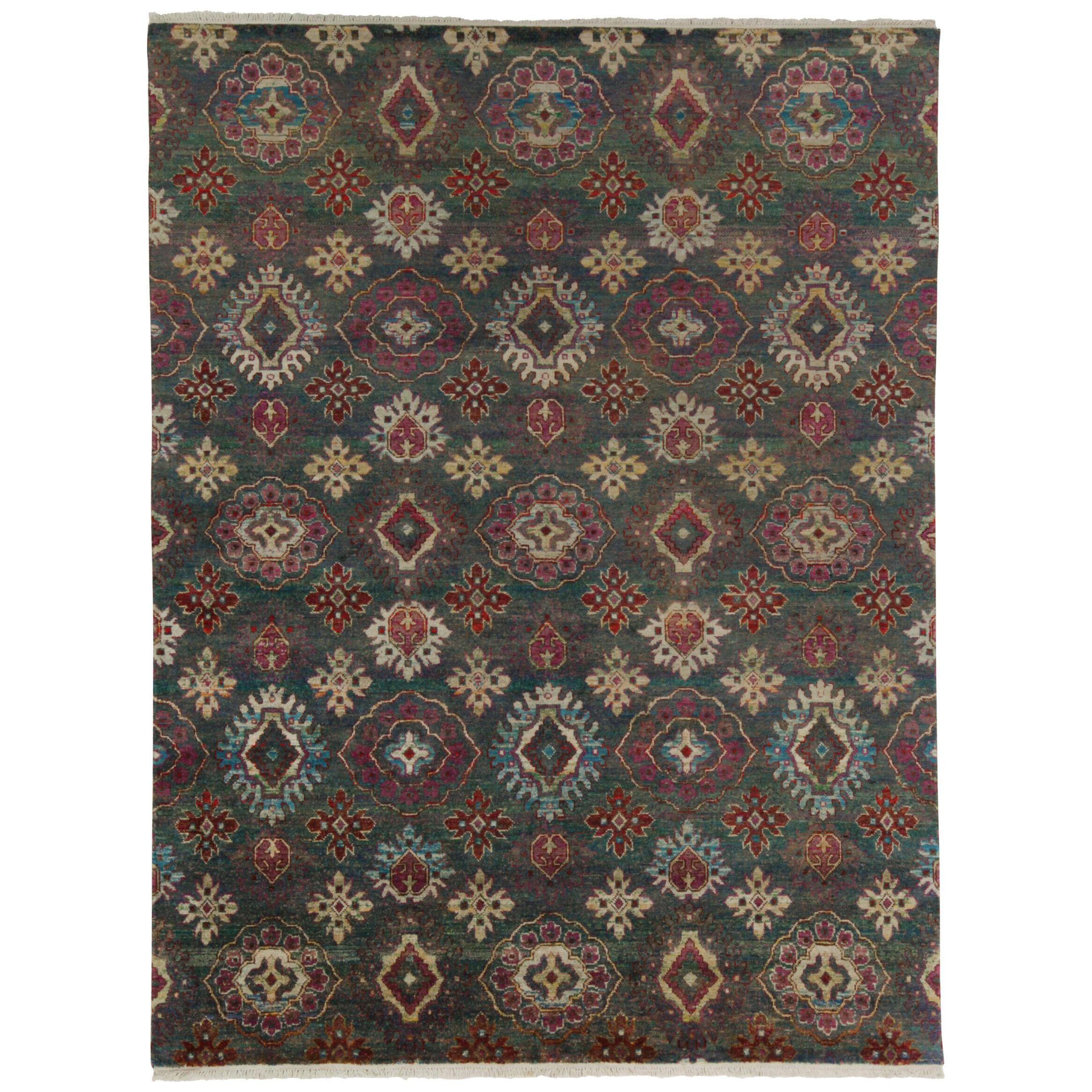 Rug & Kilim’s Classic Style Rug in Green With Beige and Red Ikats Medallions