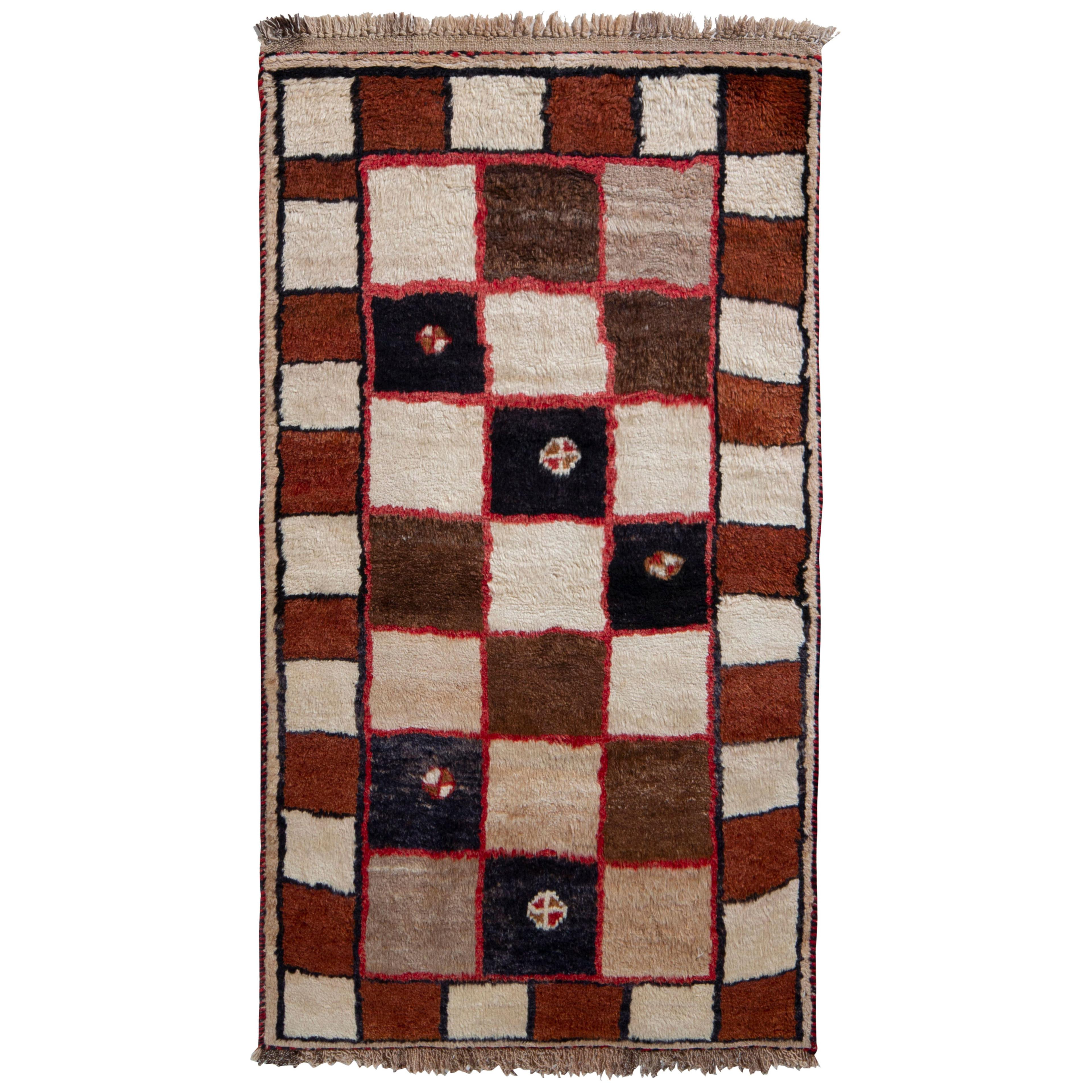 Hand-Knotted Mid-Century Vintage Gabbeh Rug – Beige Brown Geometric Pattern