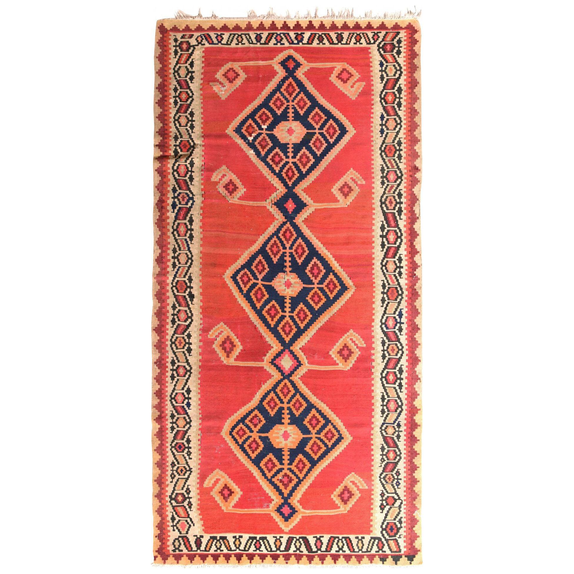 Vintage Mid-century Persian Kilim Rug in Red and Beige Geometric Pattern