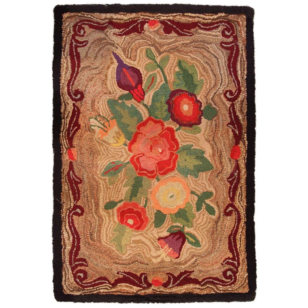 Antique Hand-hooked Floral Beige-brown and Red Wool Rug
