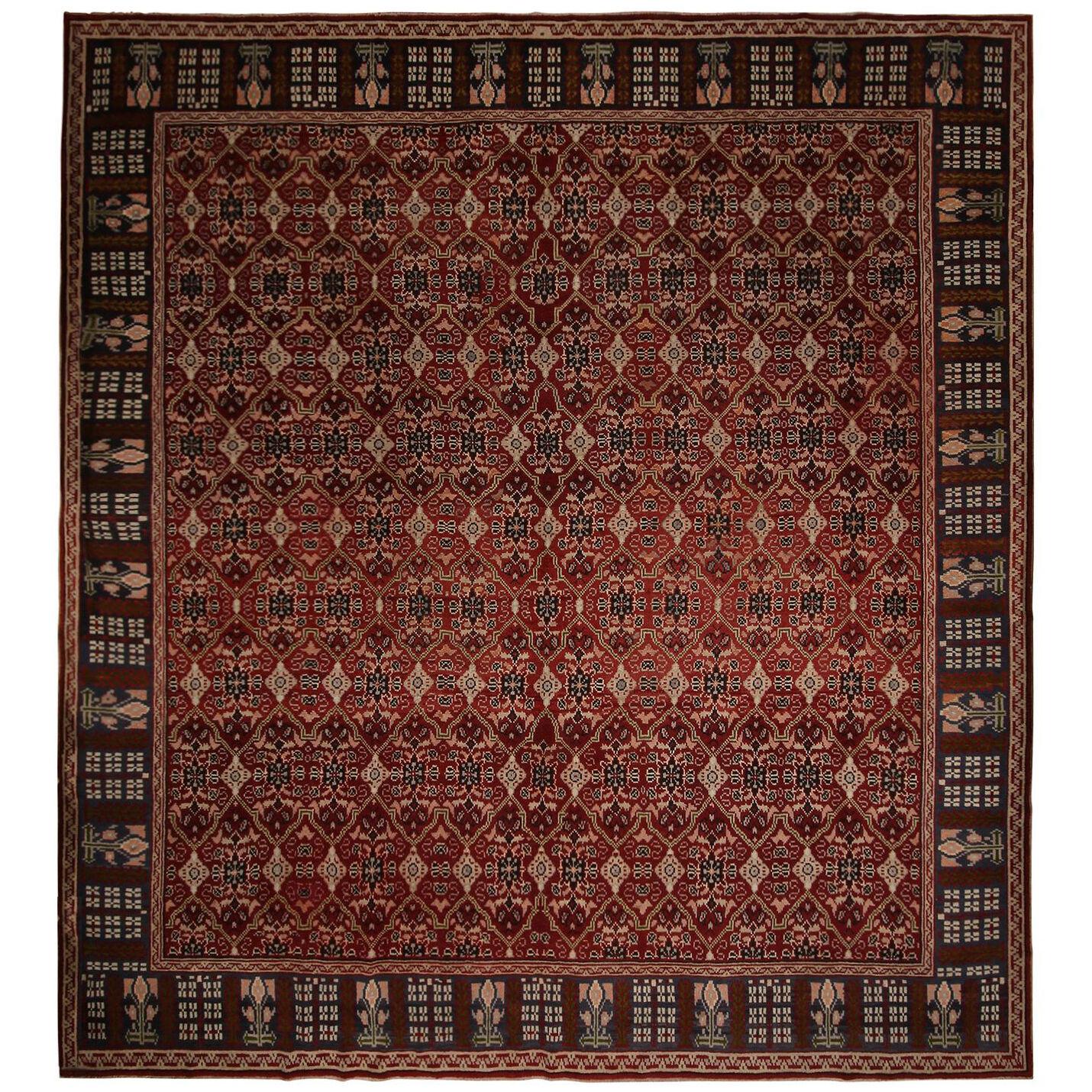 Antique Geometric Burgundy and Beige Wool Rug, Pink and Blue Accents