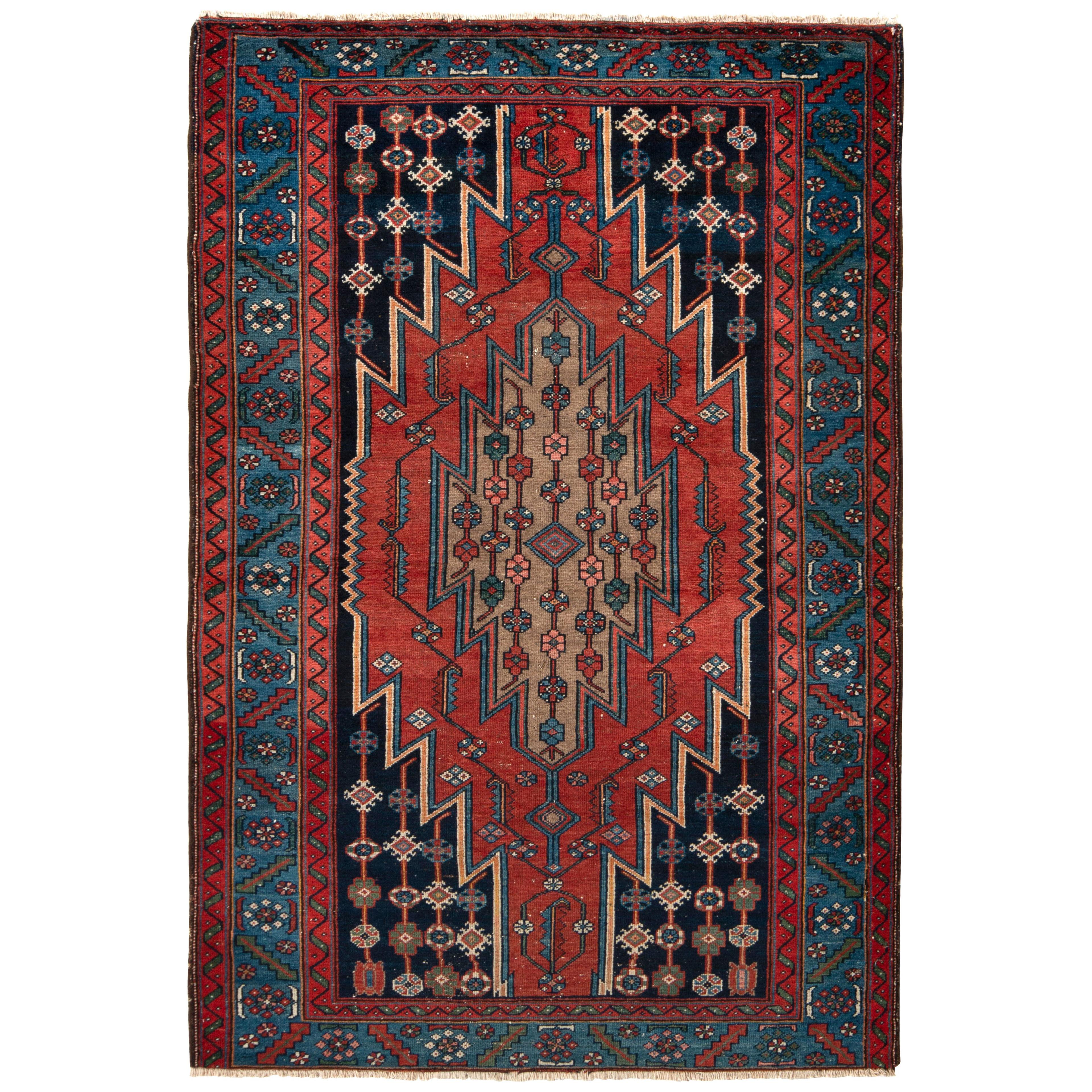 Hand-knotted Antique Mazlaghan Persian Rug in Red and Blue Medallion Pattern