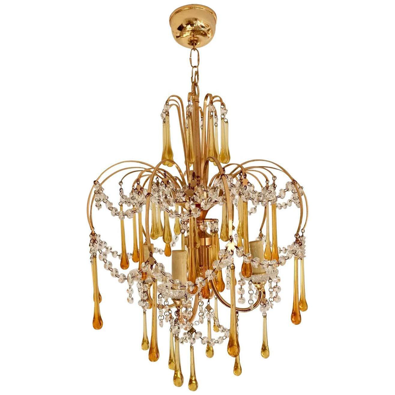 Italian Brass and Murano Amber Glass Tear Drop Chandelier by Paolo Venini, 1960