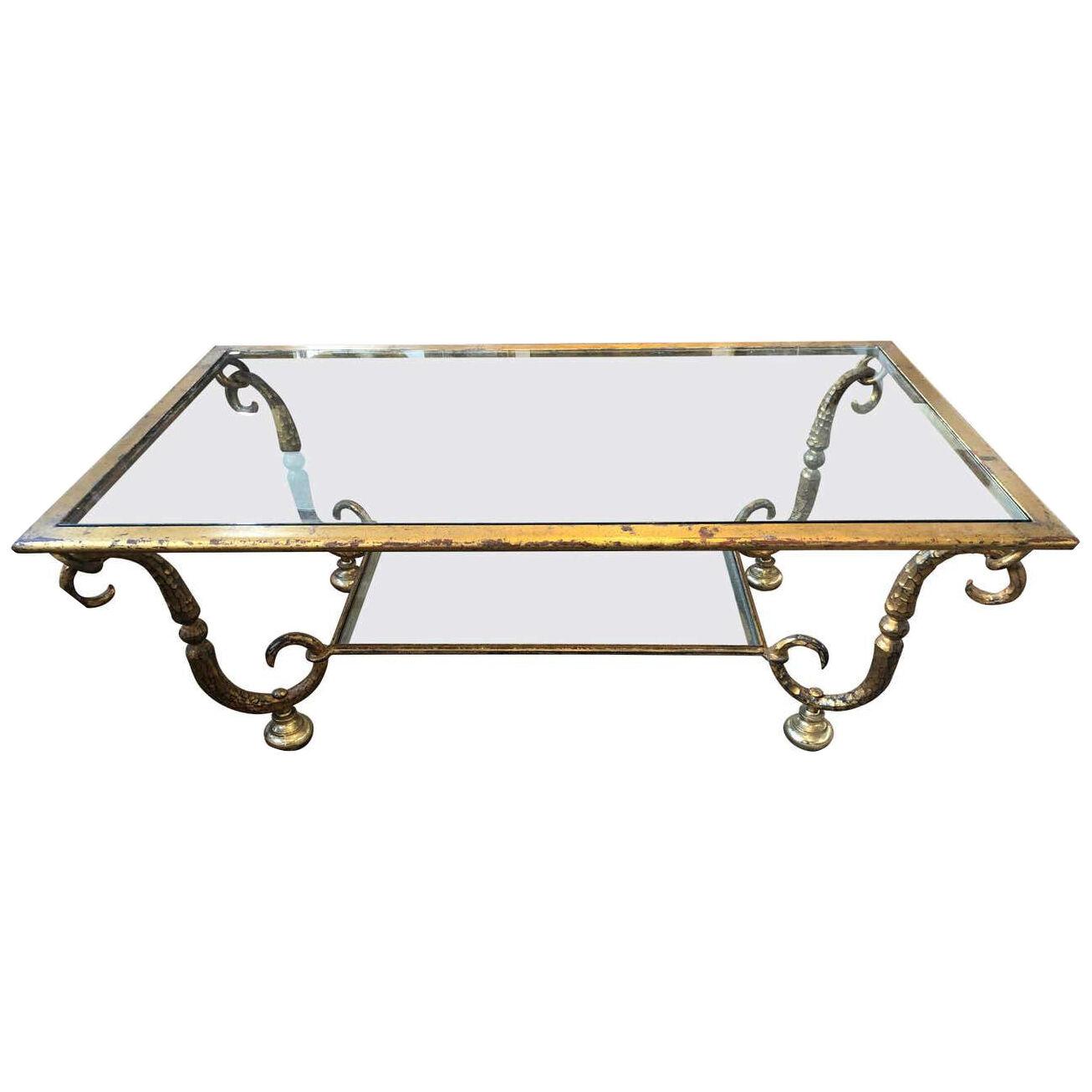 Maison Ramsay Double Tray Coffee Table Gilded Iron Gold Leaf Finishing, 1940s