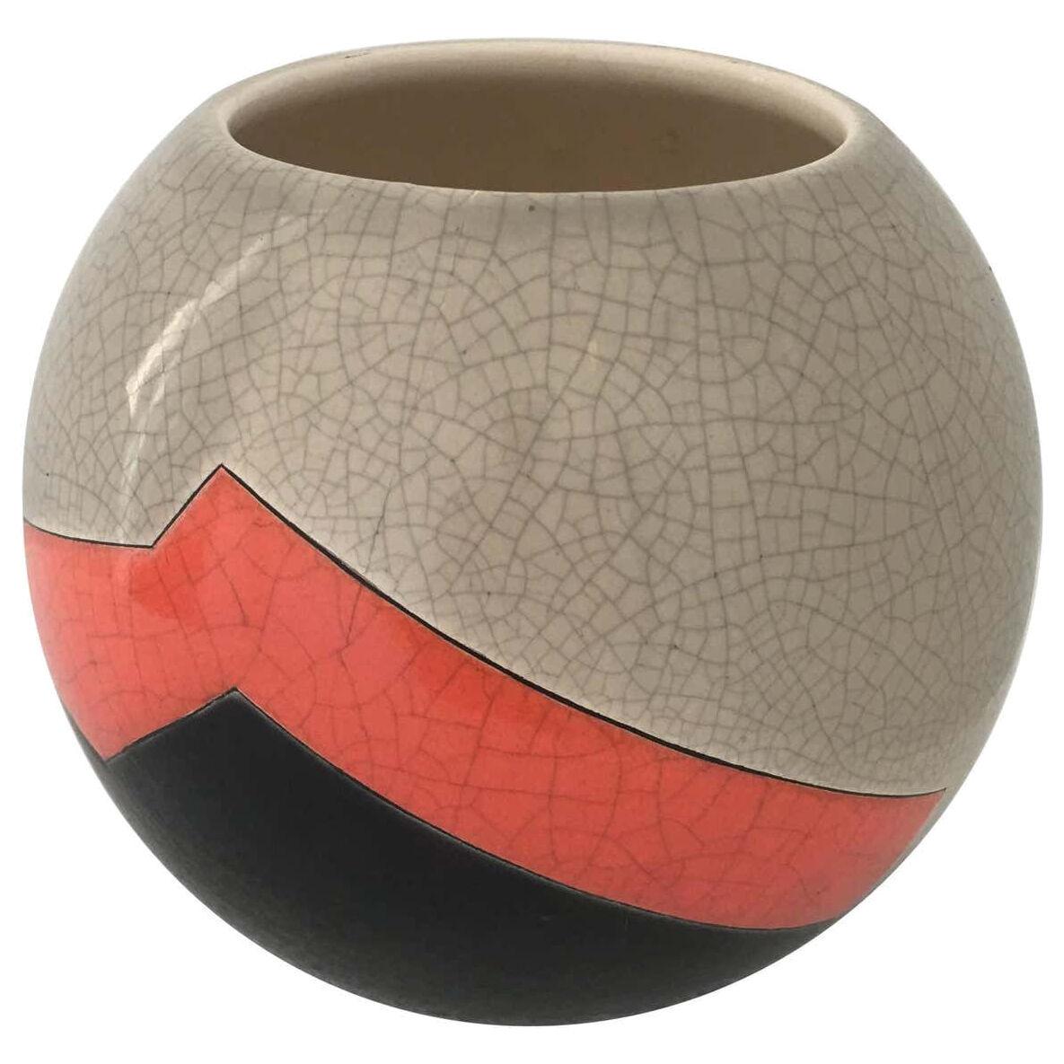Vase Ball French Ceramist J. Suzor Geometric Pattern, Craqueling Glazelongwy