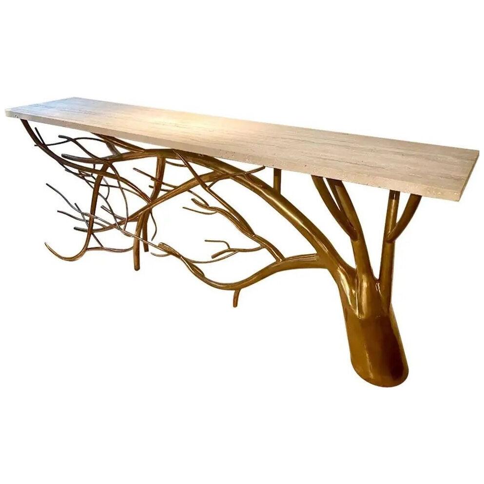 Long Console Table Branches with Travertine Top
