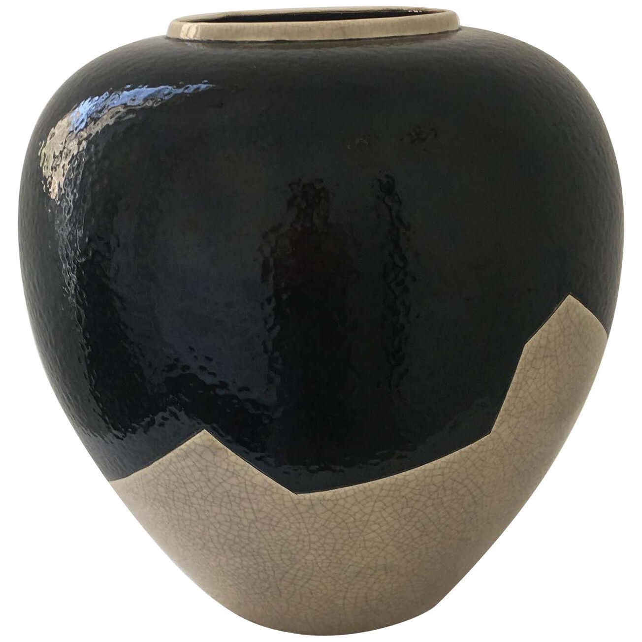 Large Vase French Ceramist J. Suzor geometric pattern, Craqueling GlazeLongwy
