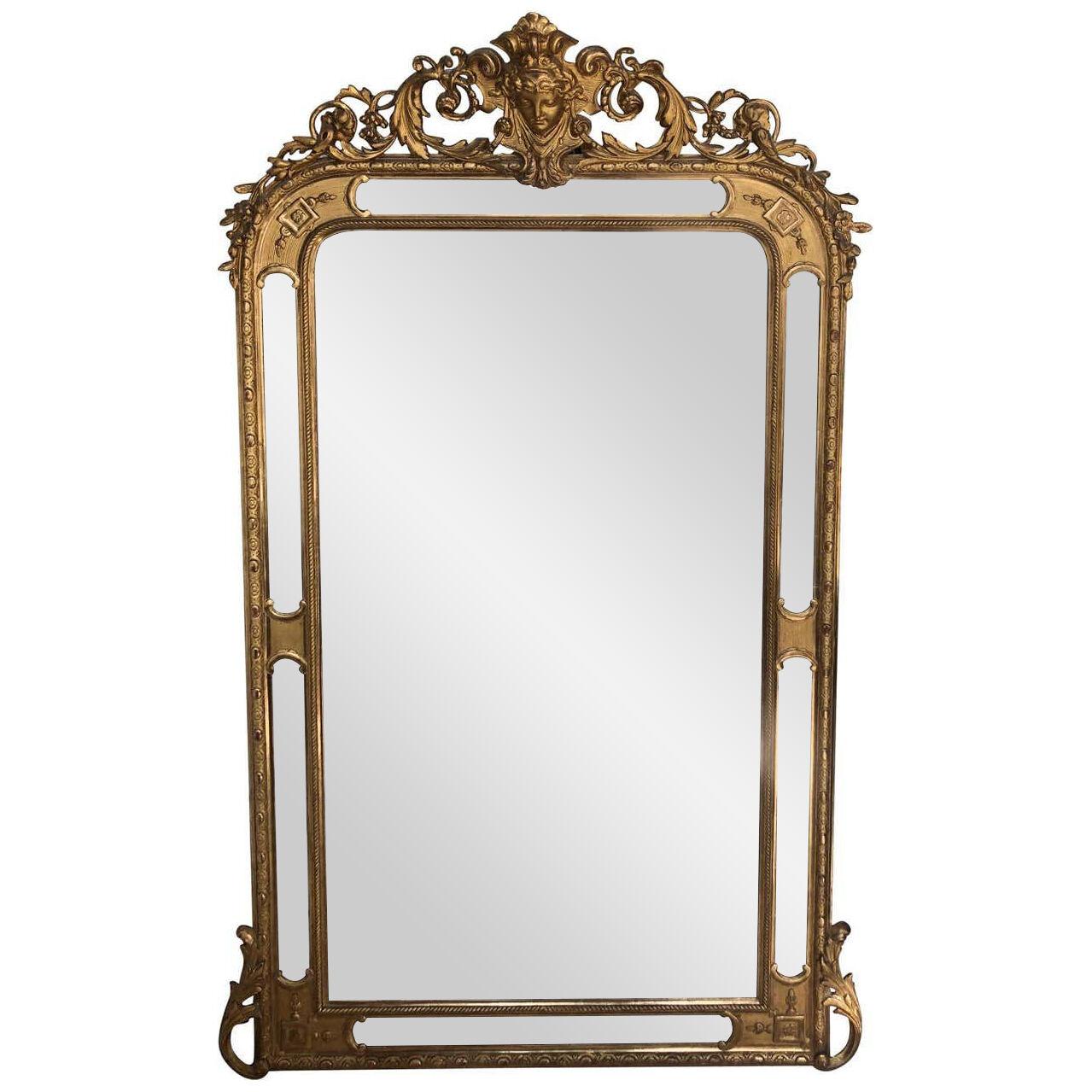 Large Glazing Beads Mirror in Giltwood Empress Eugenie's Head Early 19th Century