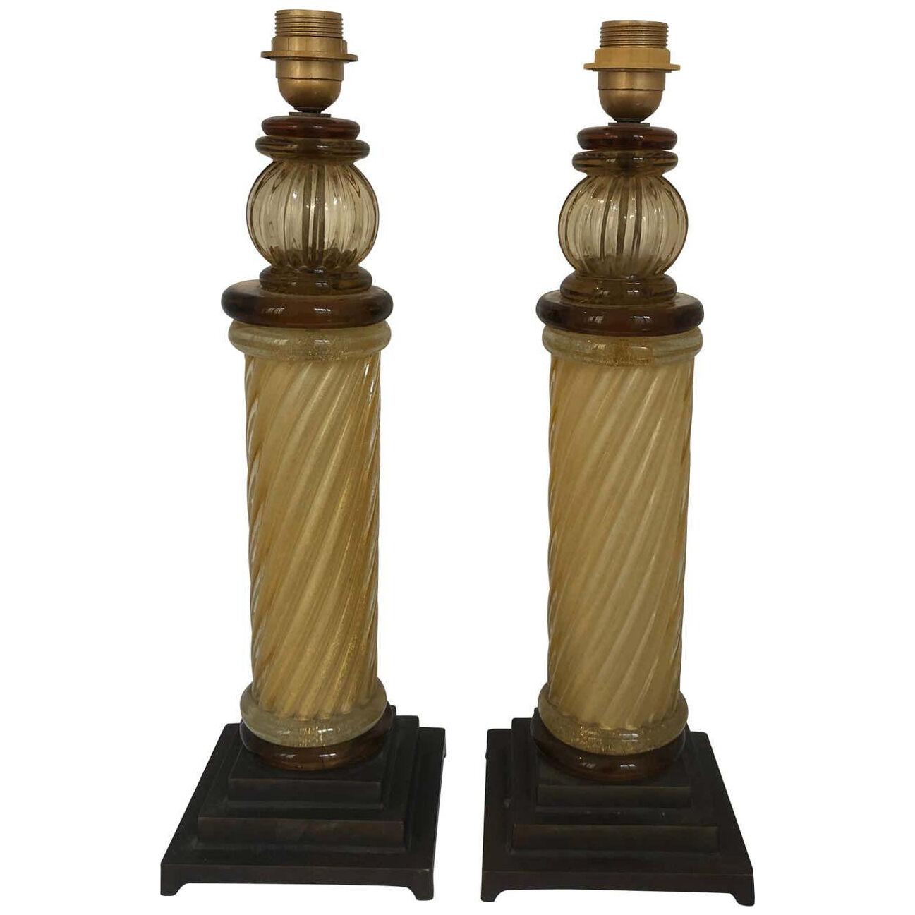 Pair of Murano Glass Twisted Column Murano Gold Inclusion Lamps