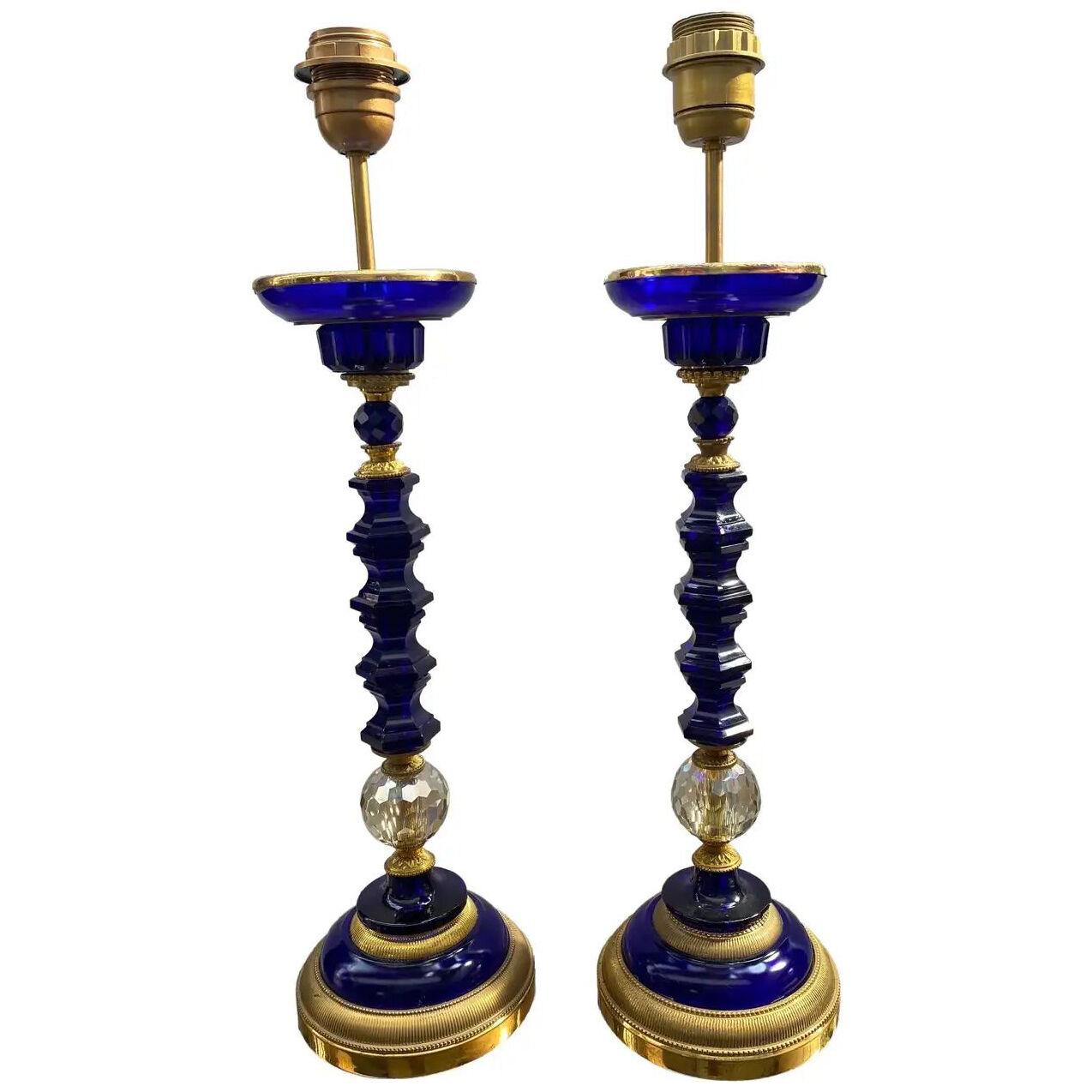 Pair of Sapphire Blue Crystal Lamps, Base Gilded Bronze
