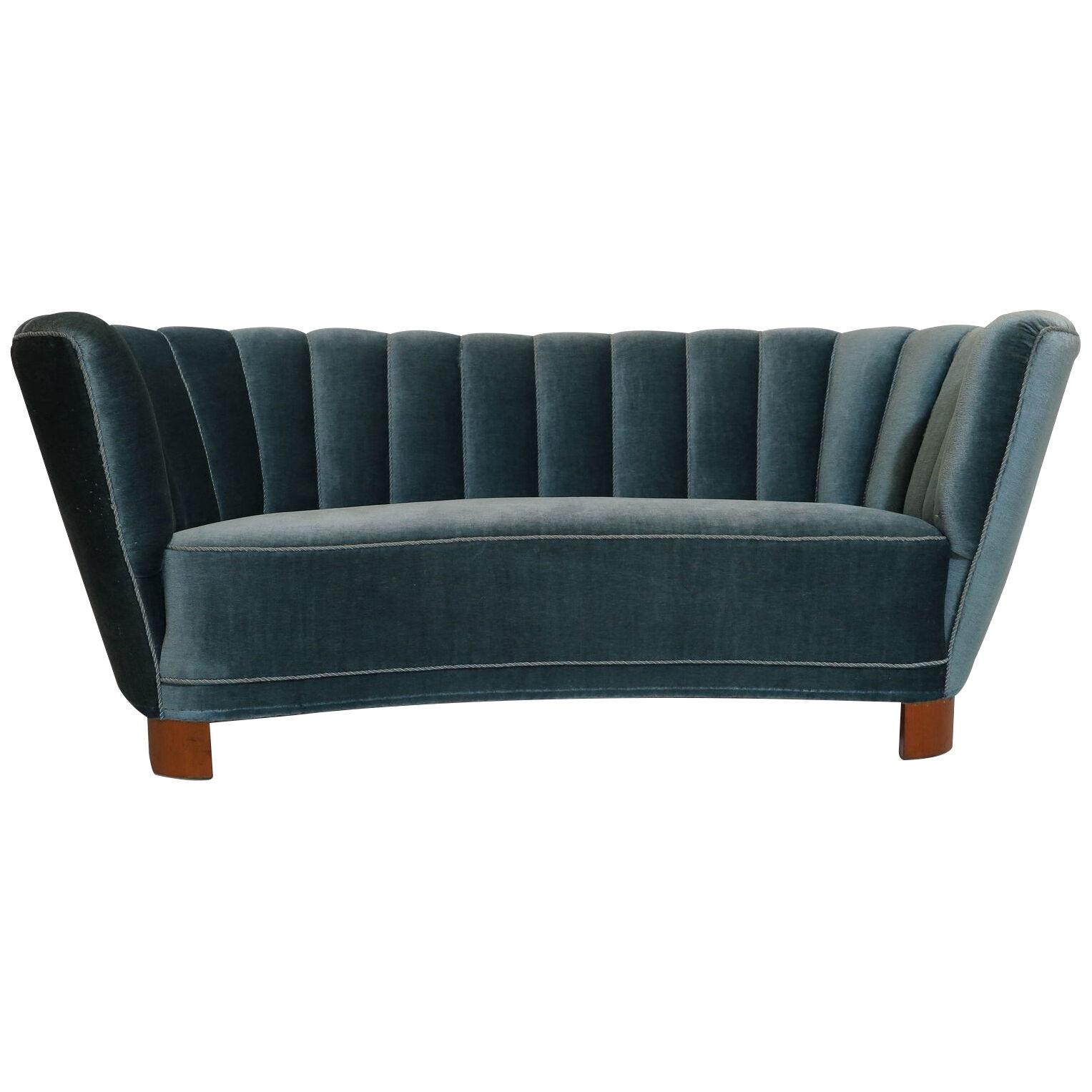 1940's Danish Deco Sofa in Original Blue Mohair