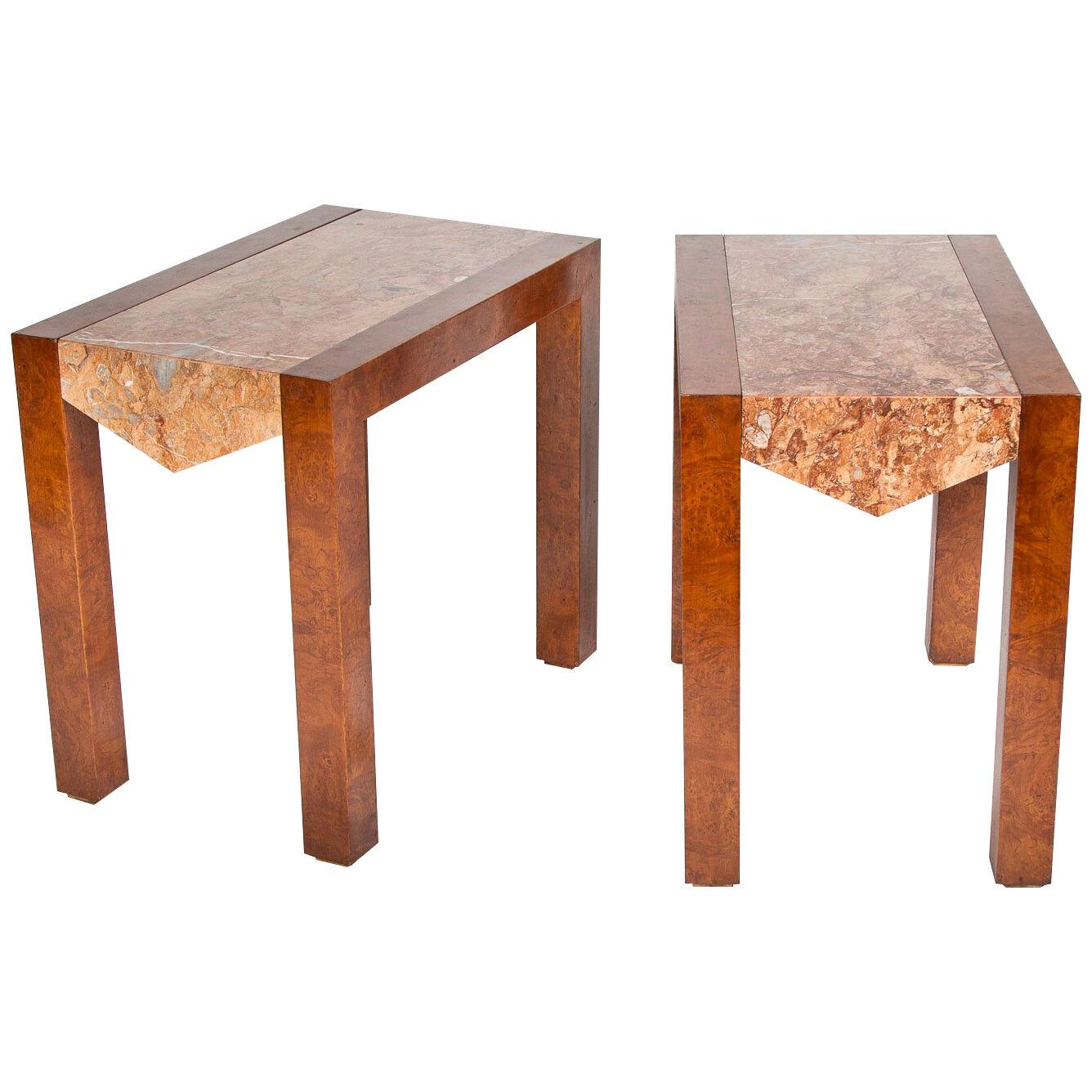 Amboyna side tables with marble tops by Pascua Ortega