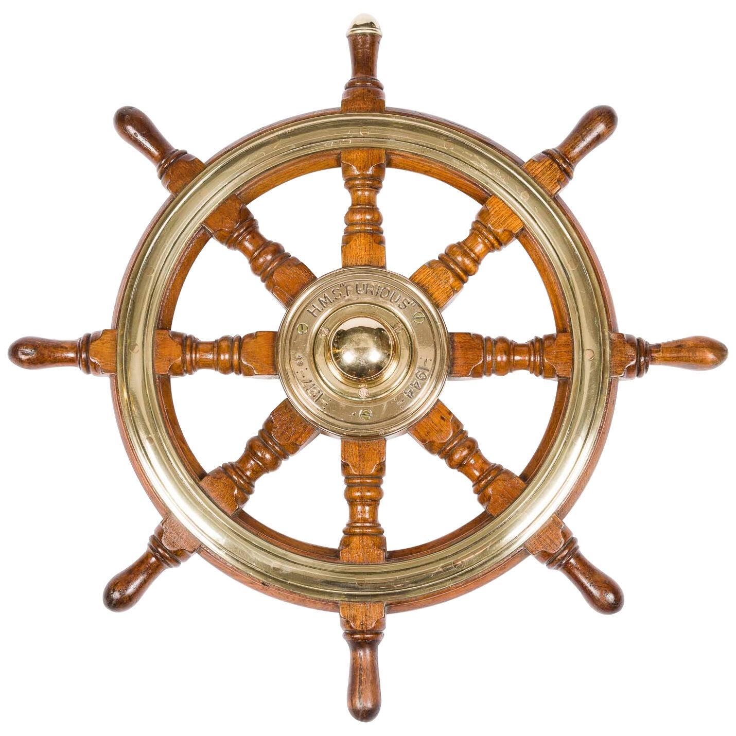 Wall mounted HMS Furious tender support ship's wheel