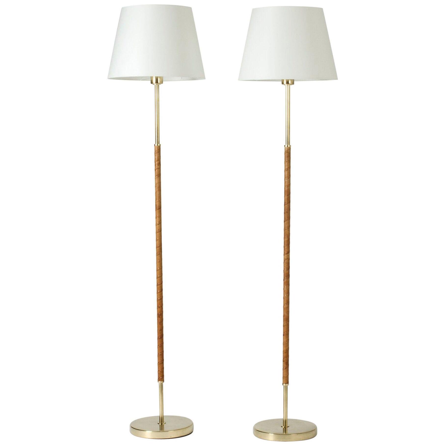 Pair of Brass and Leather Floor Lamps from Böhlmarks, Sweden, 1950s