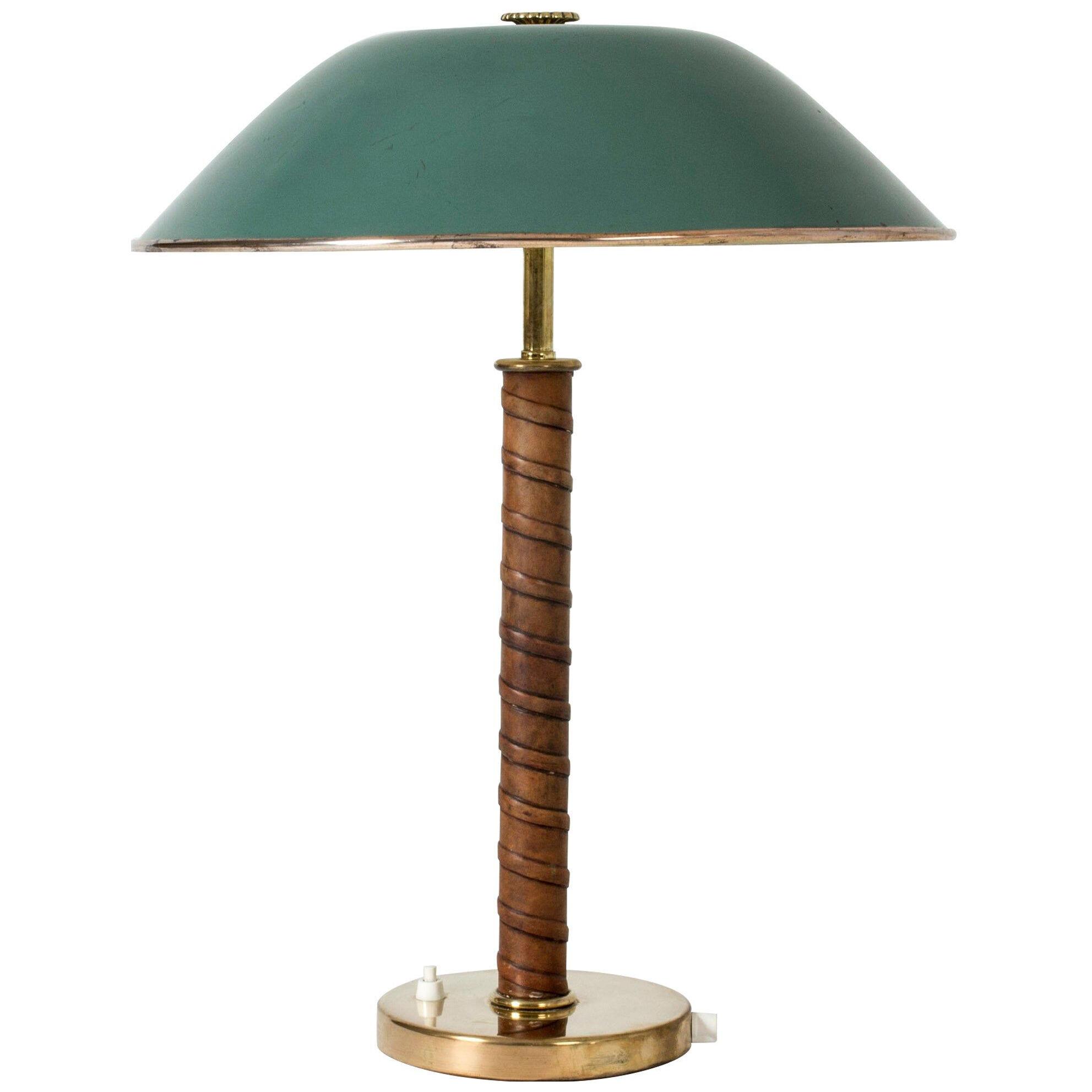 Nordiska Kompaniet Brass Table Lamp with Green Lacquered Shade