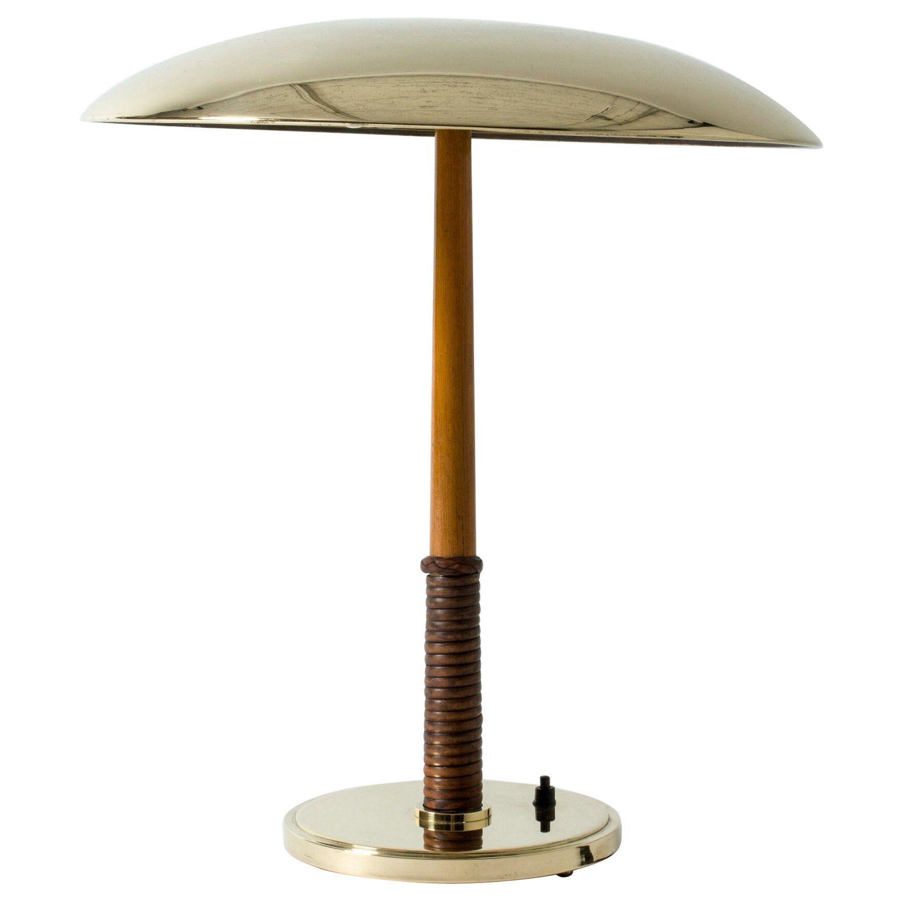 Brass, Mahogany and Leather Table Lamp from Böhlmarks, Sweden, 1940s
