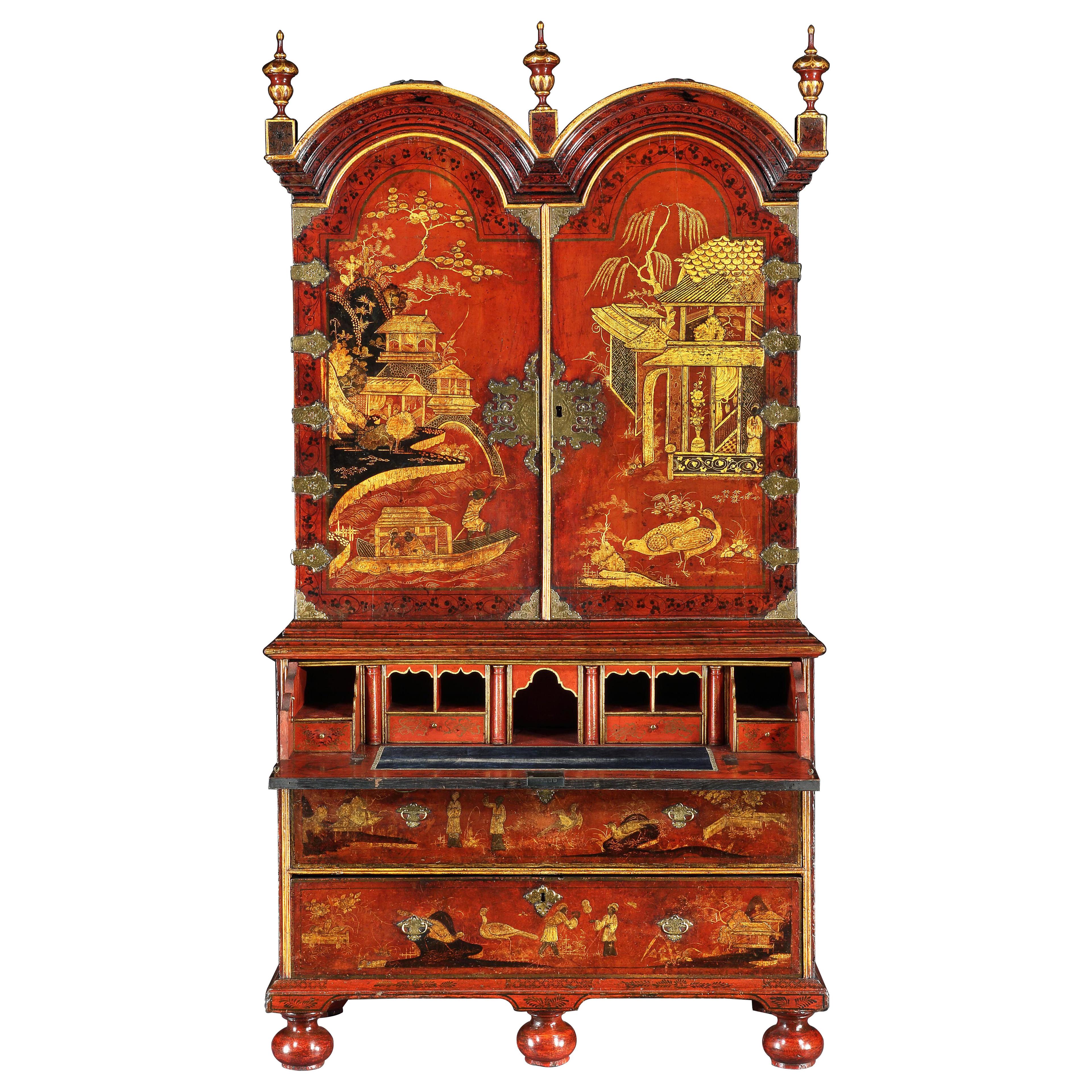 A Rare George I Period Scarlet Japanned Double Domed Cabinet by Giles Grendey