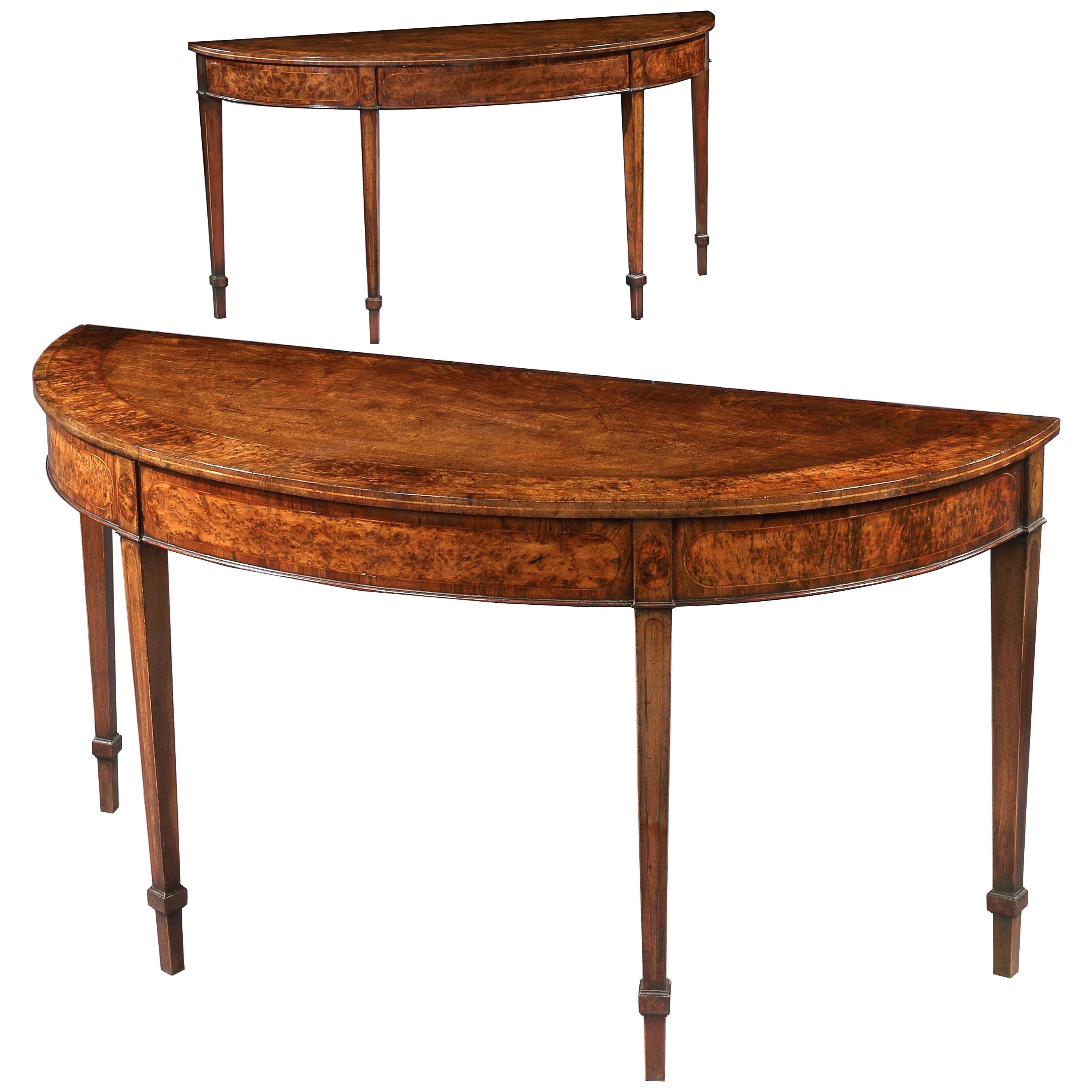 A Pair of George III Period Mahogany and Burr Yew Wood Semi Elliptical Tables