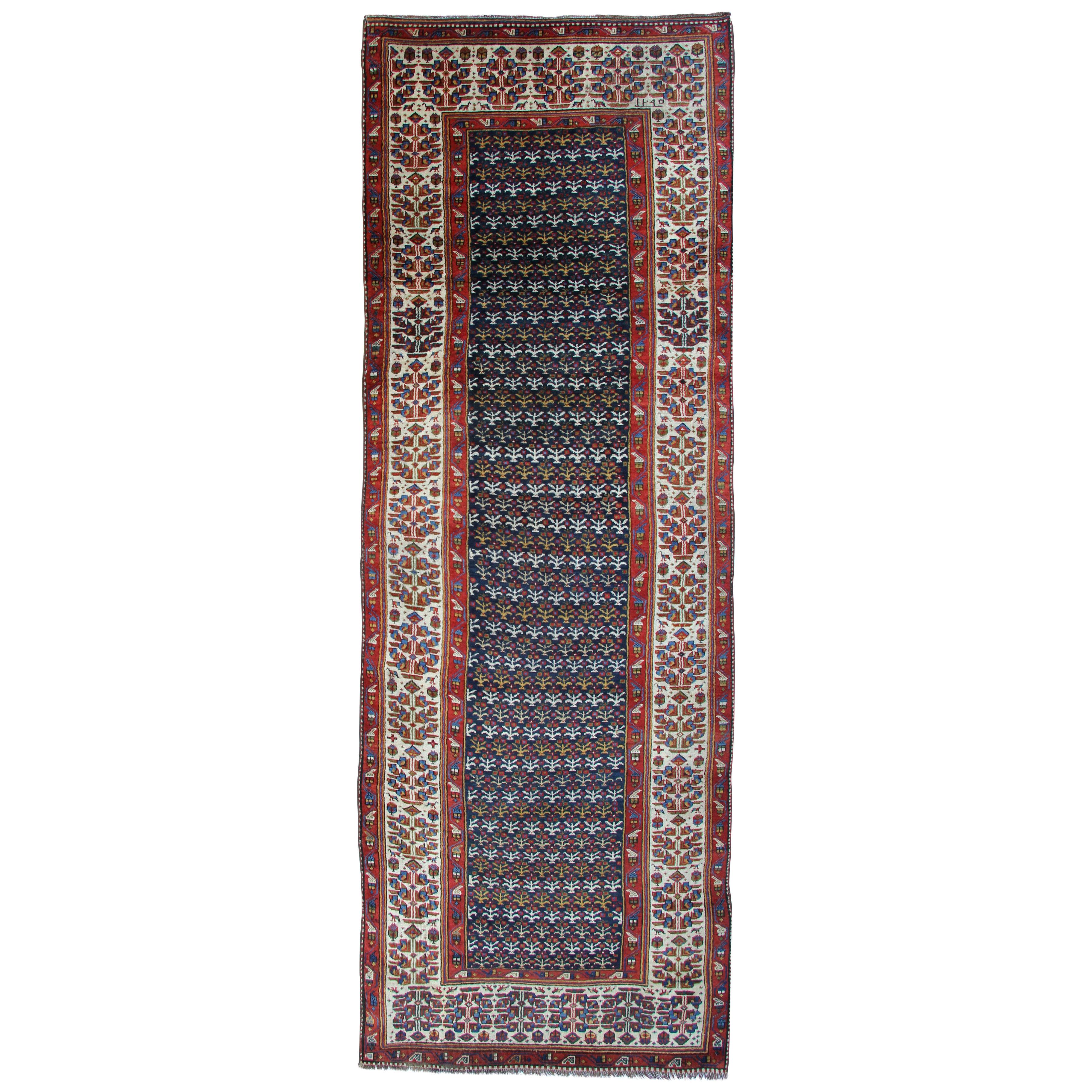 Antique Kurdish Runner Rug Long Handmade Wool Blue Carpet Rug 140c338cm 