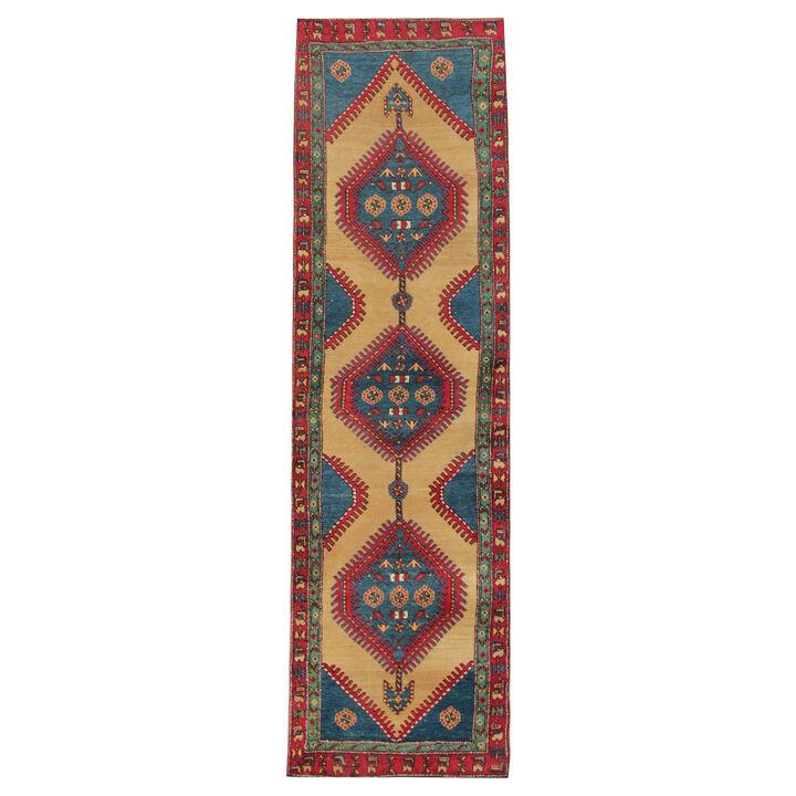 Persian Runner Rug Handwoven Antique Red Blue Cream Wool Carpet- 85x310cm 