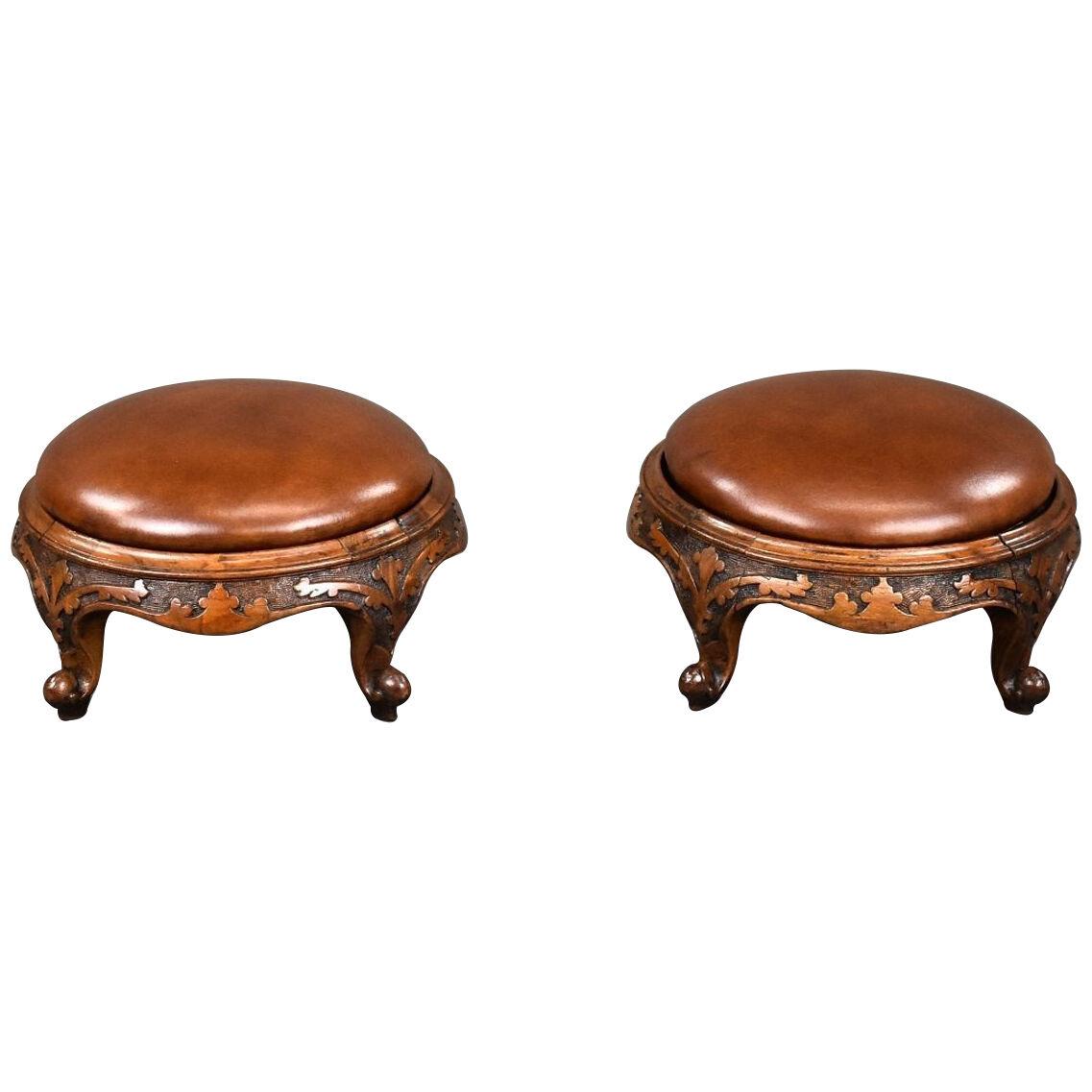 Pair 19th Century Walnut Brown Leather Footstools