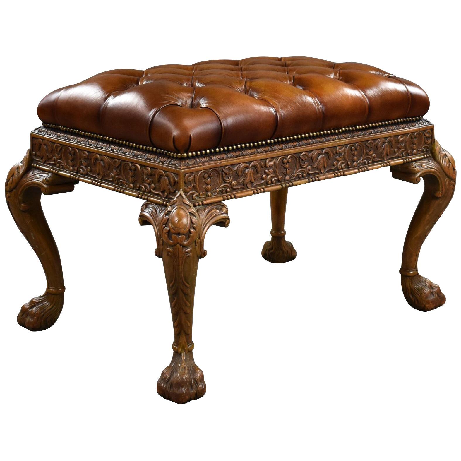 Antique Carved Walnut and Leather Foot Stool by Maple & Co