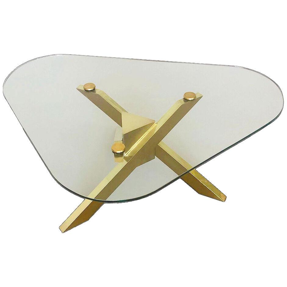 American brass And Glass Tripod Coffee Cocktail Table c1970