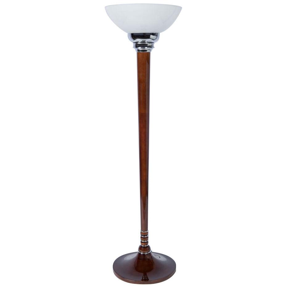 Art-deco wooden floor lamp with glass shade