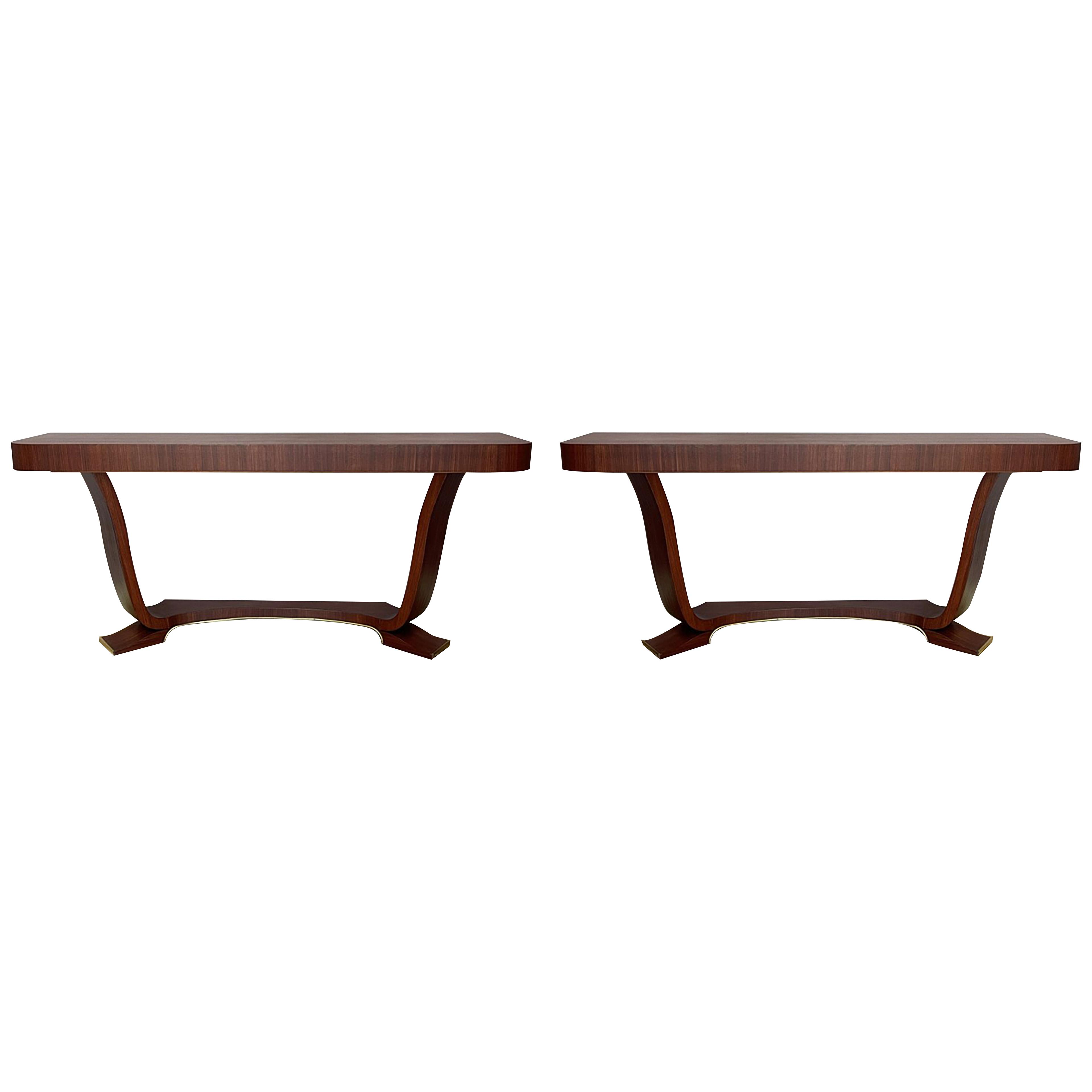 Pair of palissander veneered art-deco console tables