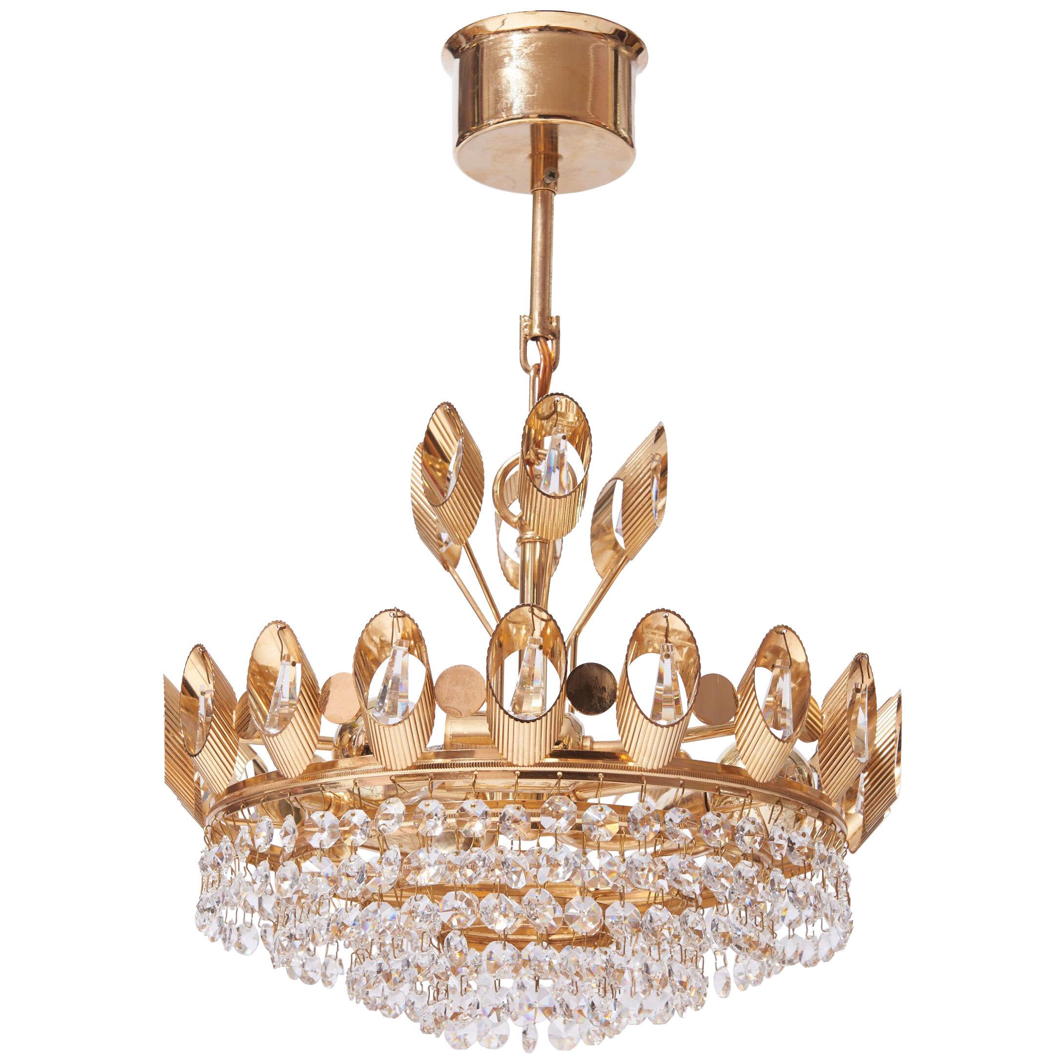Crystal and Brass Hollywood Regency Style Chandelier from Palwa 1960
