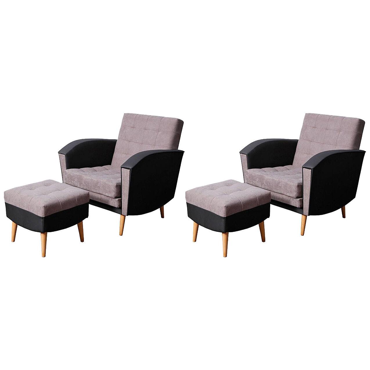 Vintage 1960s black and grey armchairs and ottomans