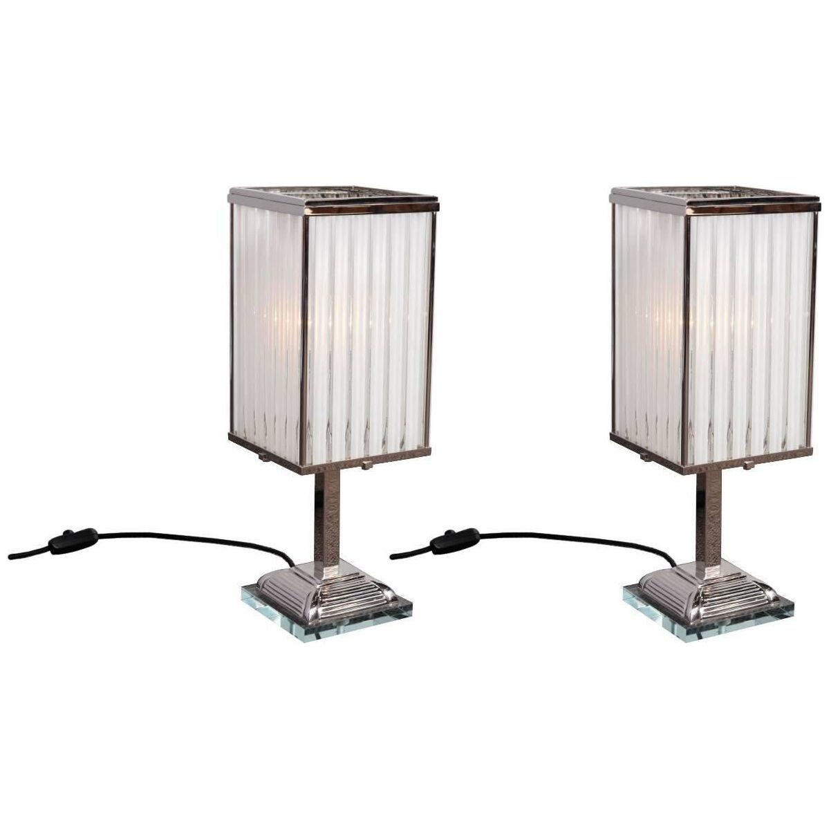 Pair of Art Deco modernist Lamps in nickel plated metal and glass