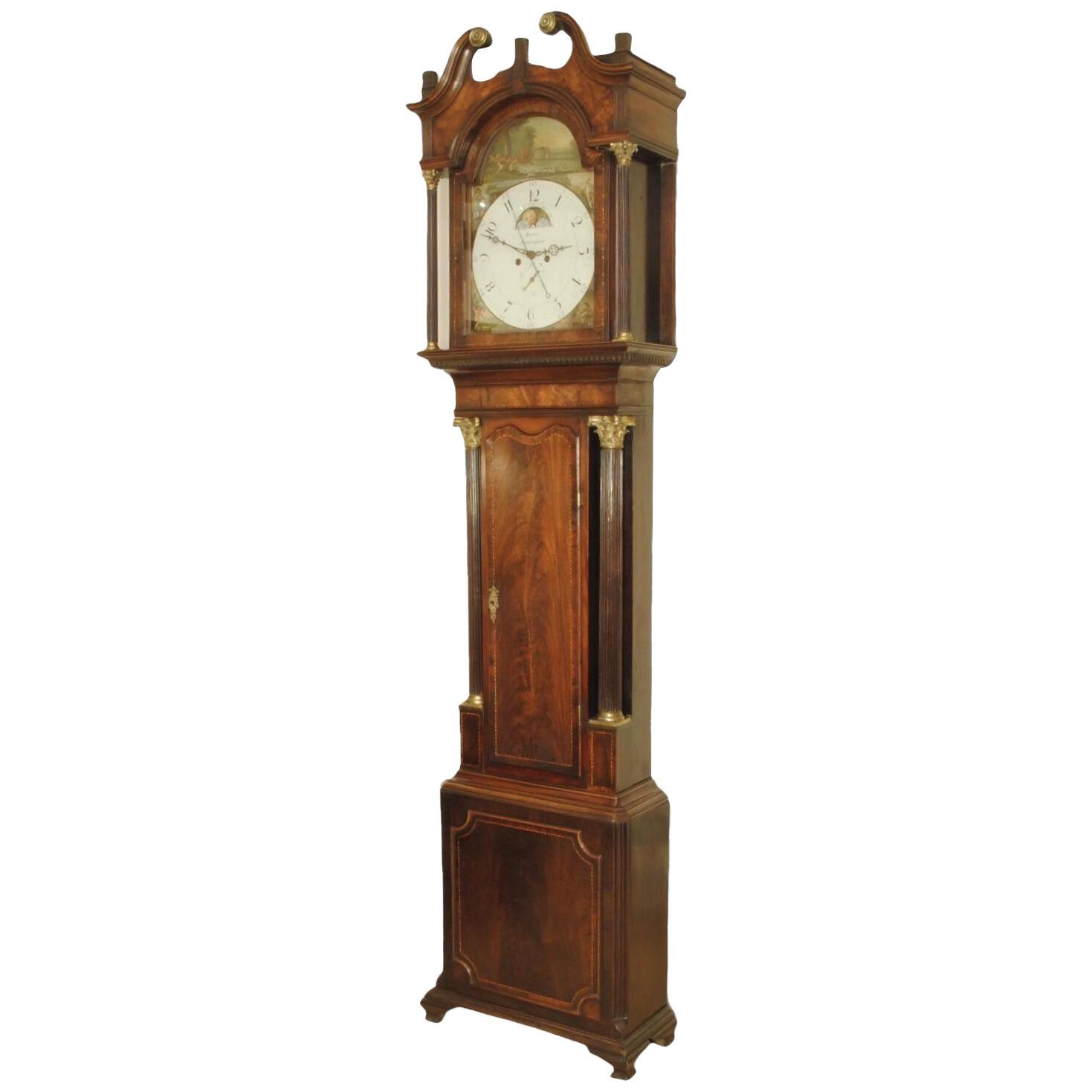 SUPERB 18TH CENTURY PAINTED DIAL MAHOGANY LONG CASE CLOCK