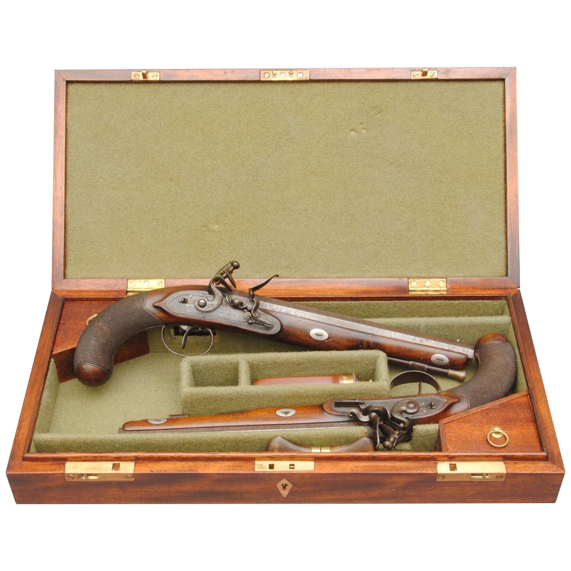 A PAIR OF FLINTLOCK DUELING PISTOLS BY HARCOURT OF IPSWICH